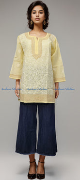 Chikankari Embroidered Kurti, Short Length, Front Panel Jaal Work - NoorKasni Collections