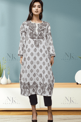 Chikankari Kurti with Embroidery Detail on Printed Cotton - NoorKasni Collections