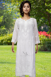 Detailed Chikankari Embroidered work on Muslin Fabric, White - NoorKasni Collections