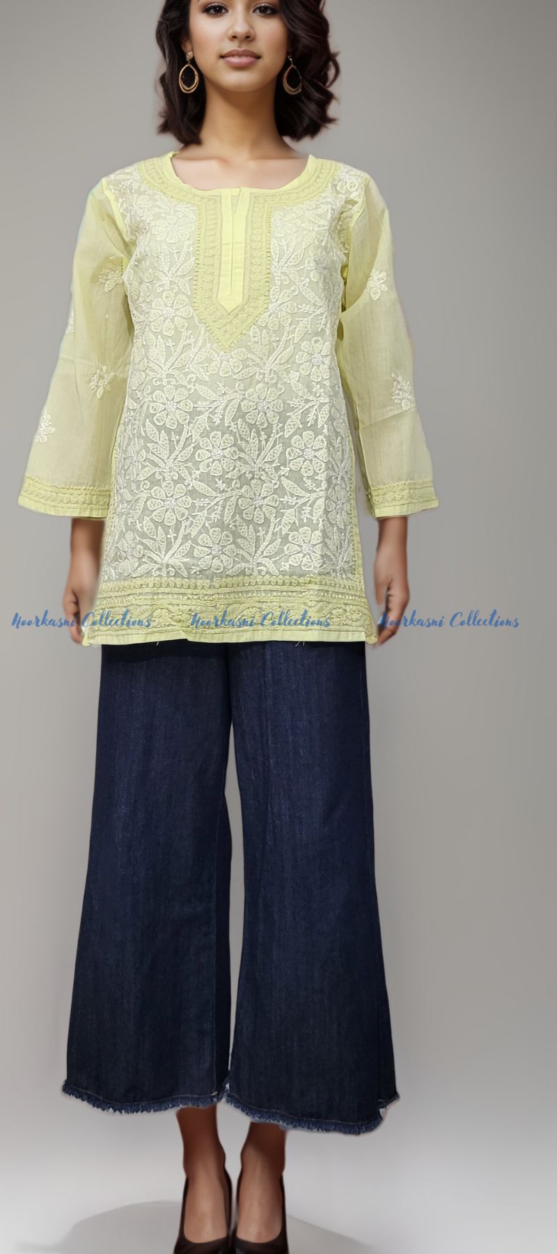 Chikankari Embroidered Kurti, Short Length, Front Panel Jaal Work