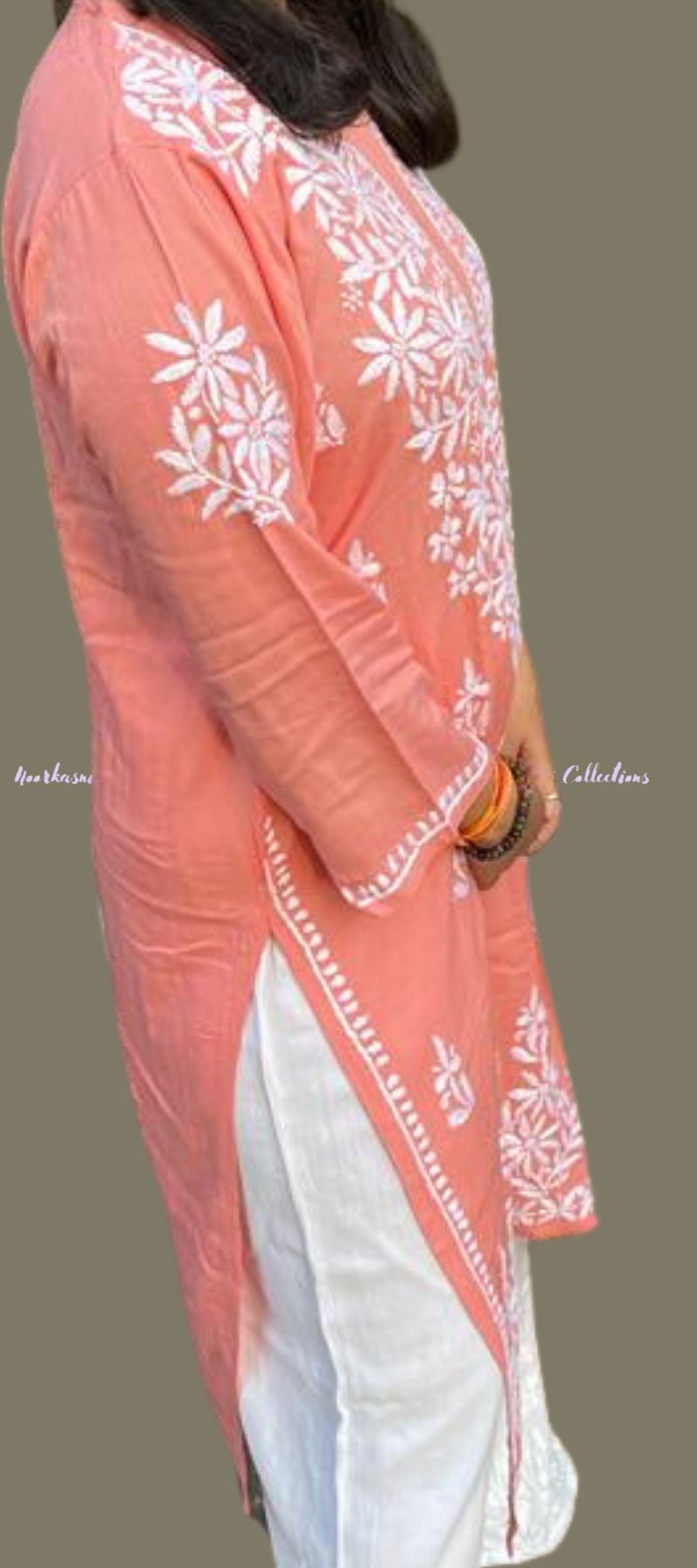 Noorkasni Collections_CottonRayon_Peach_Chikankari_Kurti