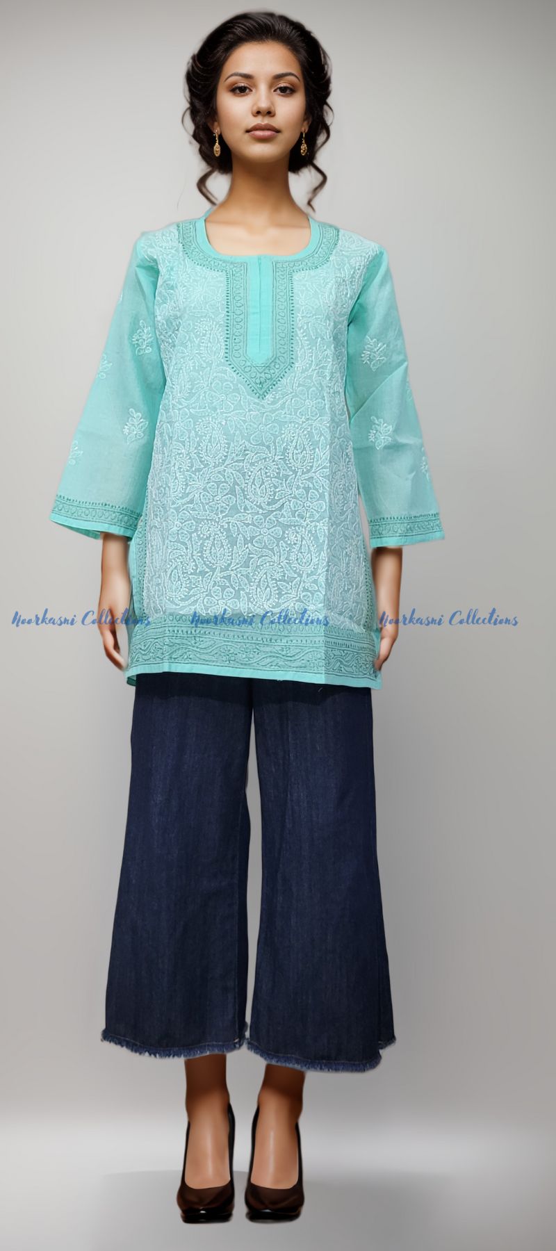 Chikankari Embroidered Kurti, Short Length, Front Panel Jaal Work