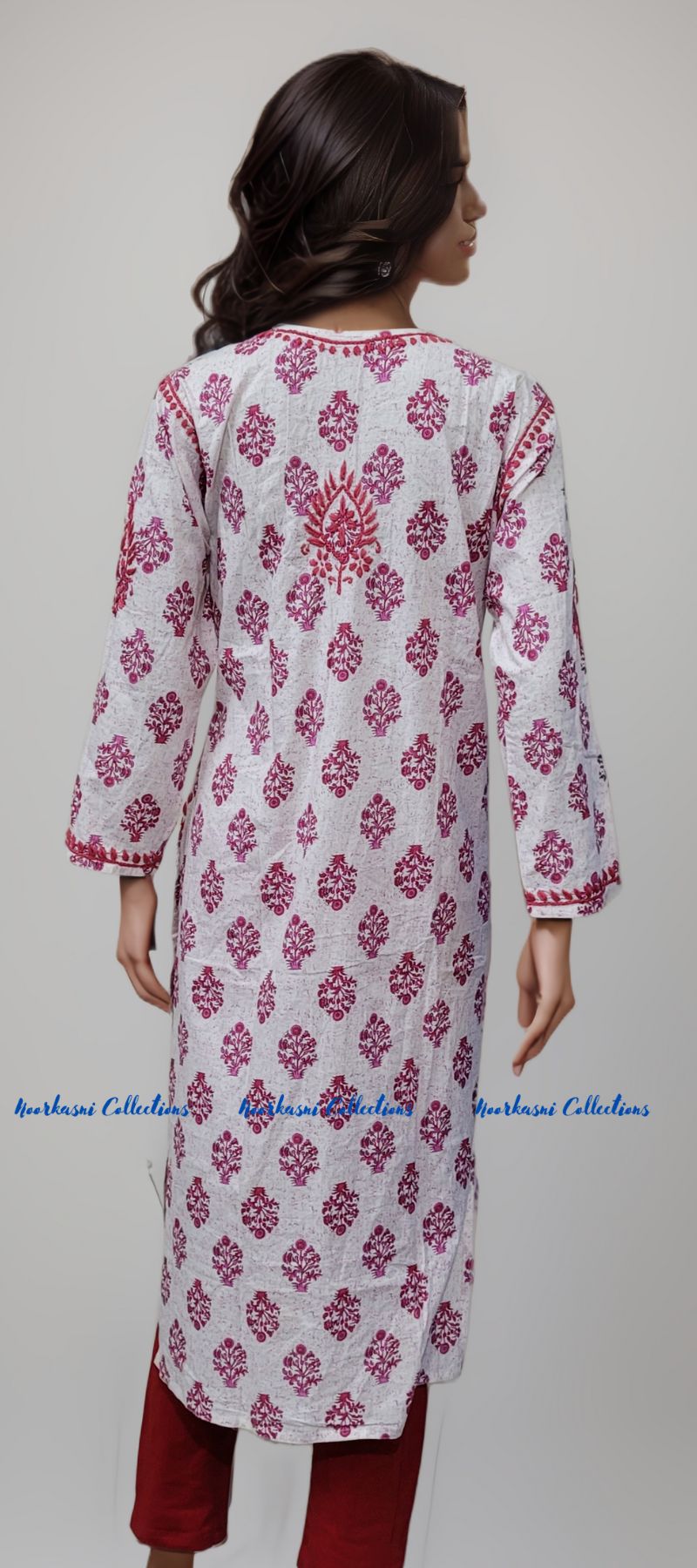 Chikankari Kurti with Embroidery Detail on Printed Cotton