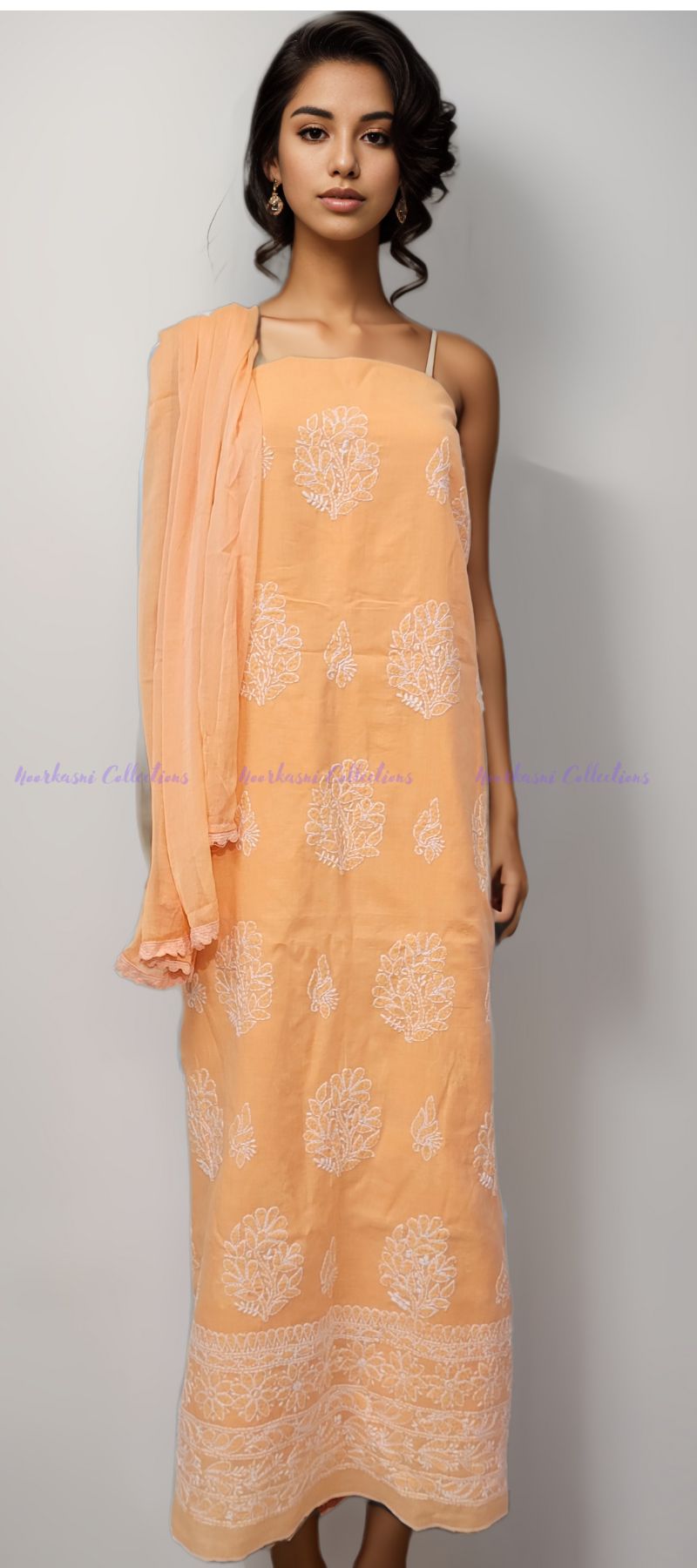 Hand Embroidered Chikankari work on Cotton Dress Material (Orange)