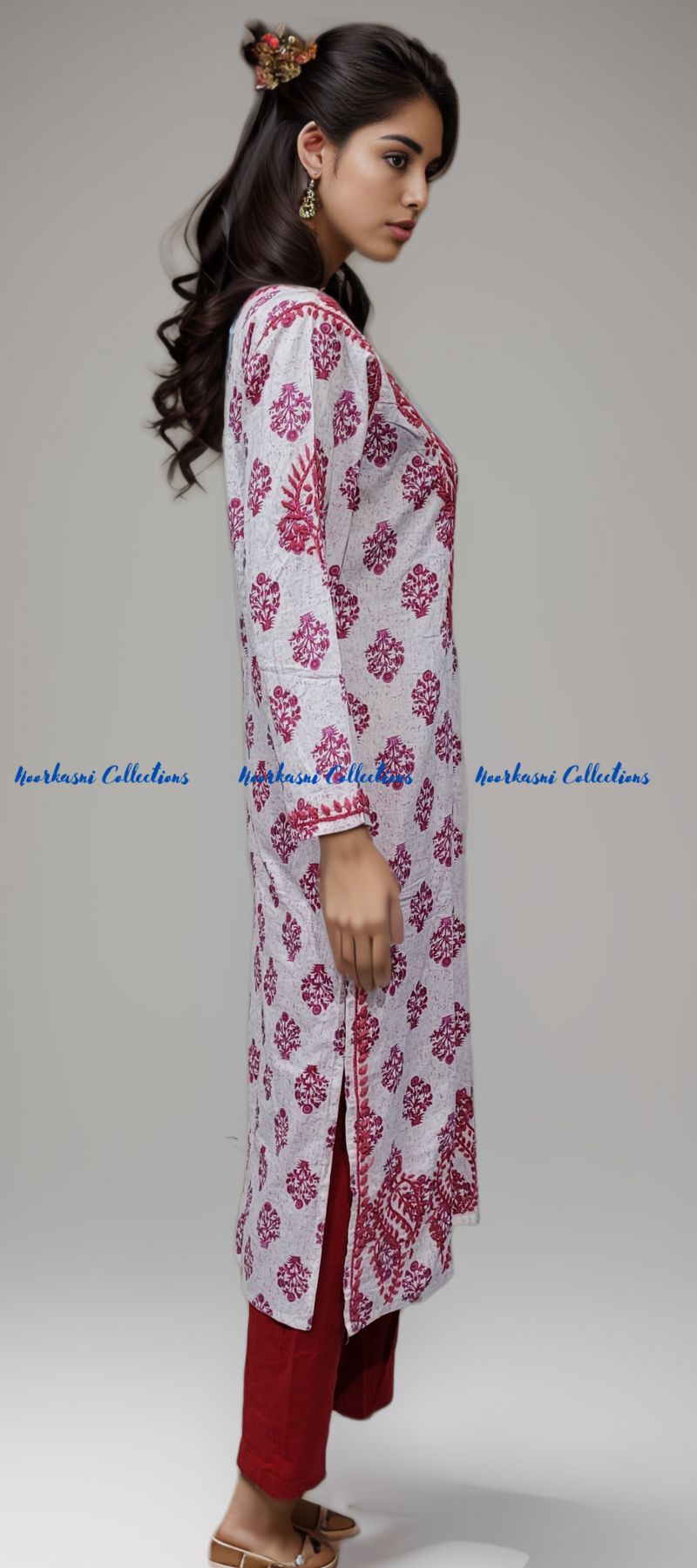 Chikankari Kurti with Embroidery Detail on Printed Cotton