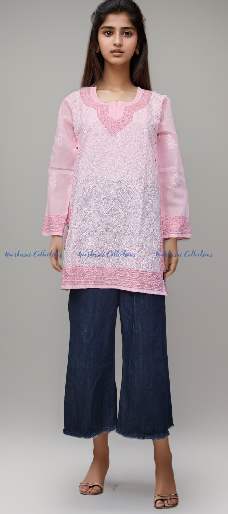 Chikankari Embroidered Kurti, Short Length, Front Panel Jaal Work