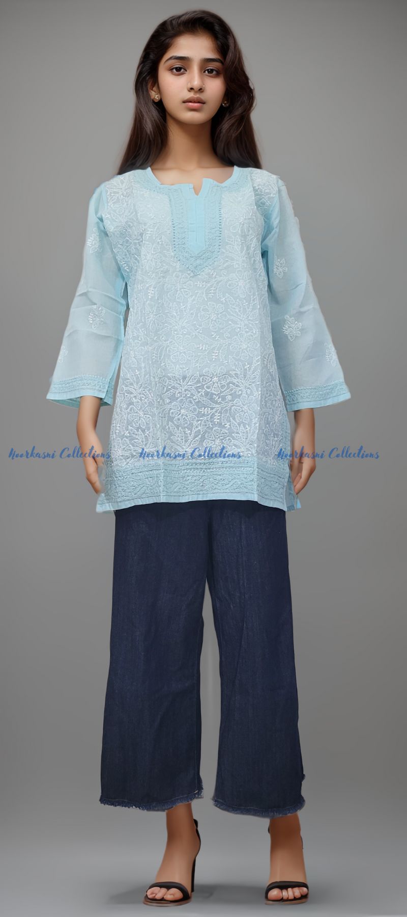 Chikankari Embroidered Kurti, Short Length, Front Panel Jaal Work