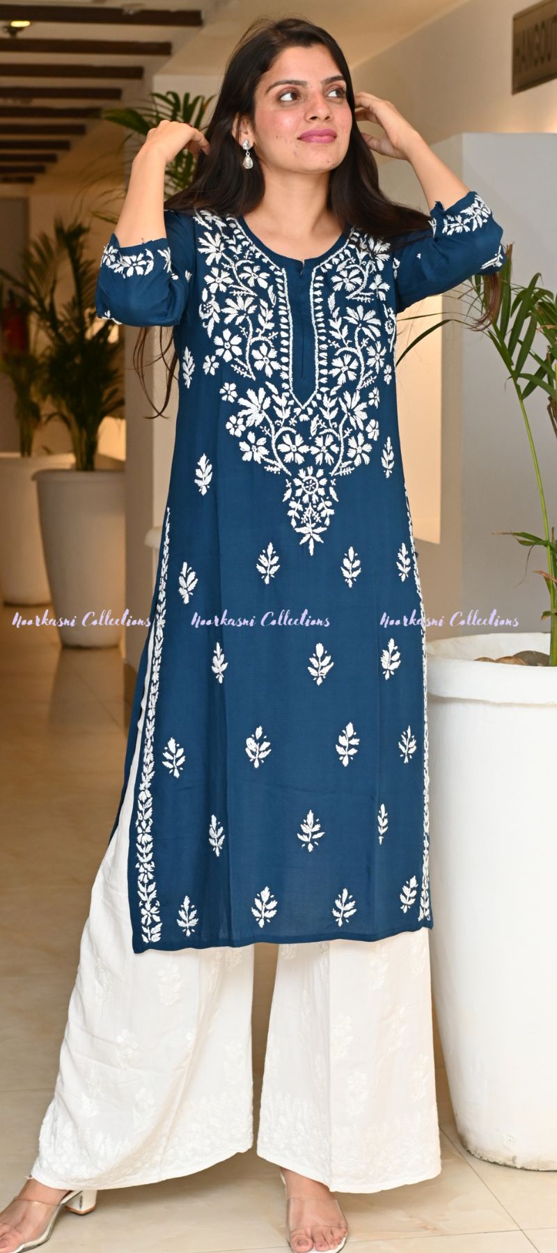 Noorkasni Collections_Rayon_Blue_Chikankari_Kurti