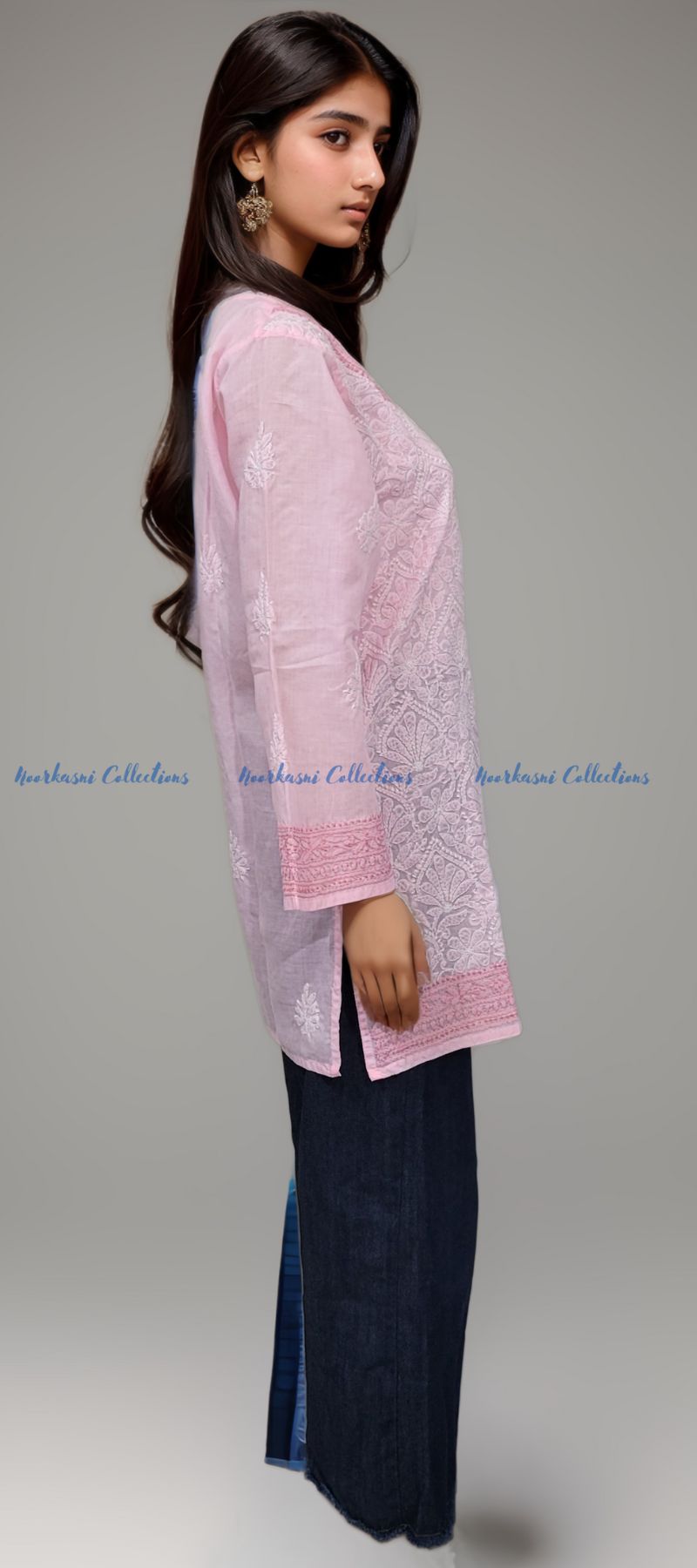 Chikankari Embroidered Kurti, Short Length, Front Panel Jaal Work