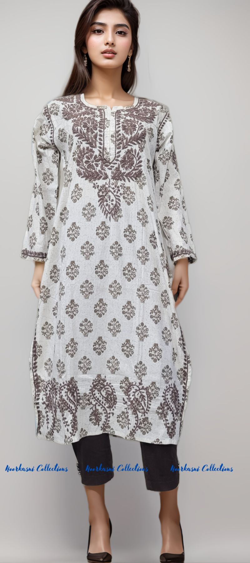 Chikankari Kurti with Embroidery Detail on Printed Cotton