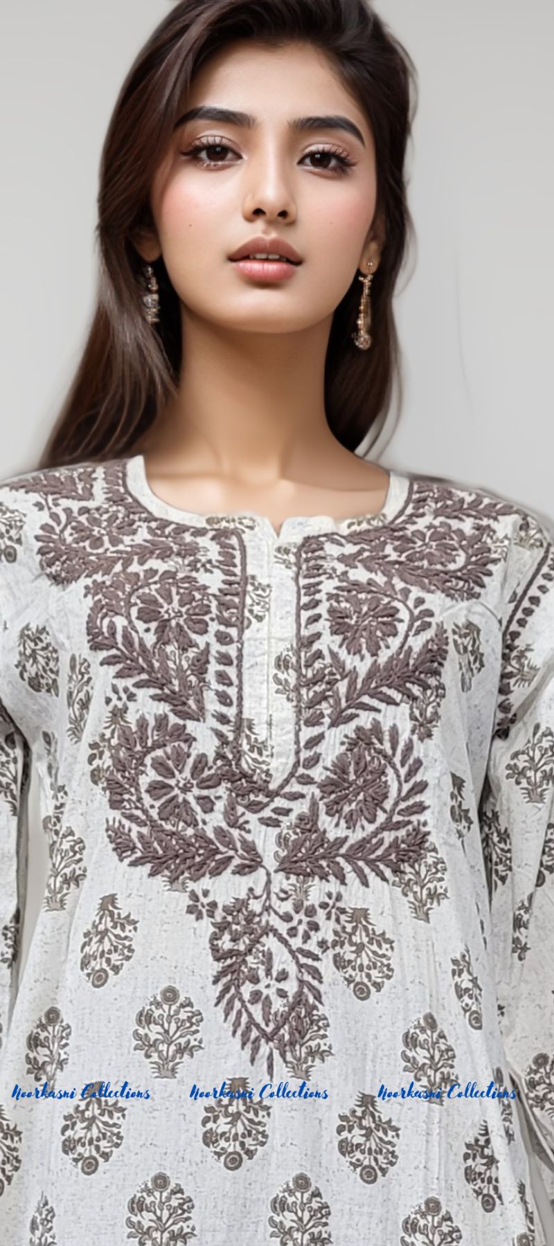 Chikankari Kurti with Embroidery Detail on Printed Cotton