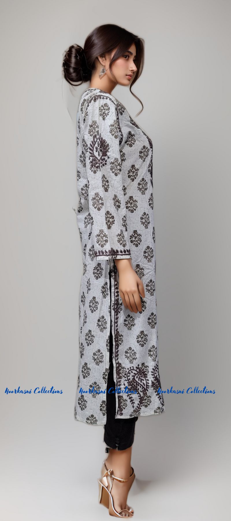 Chikankari Kurti with Embroidery Detail on Printed Cotton