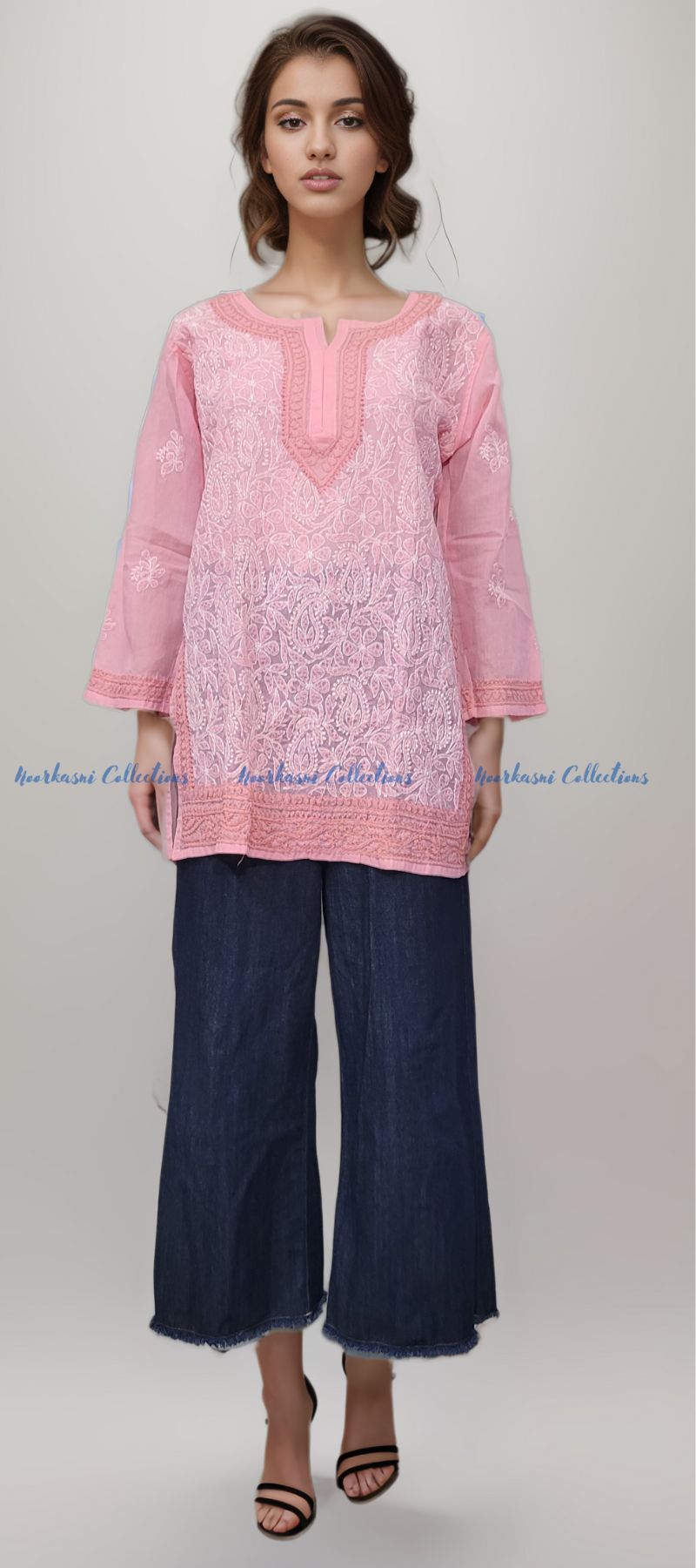 Chikankari Embroidered Kurti, Short Length, Front Panel Jaal Work