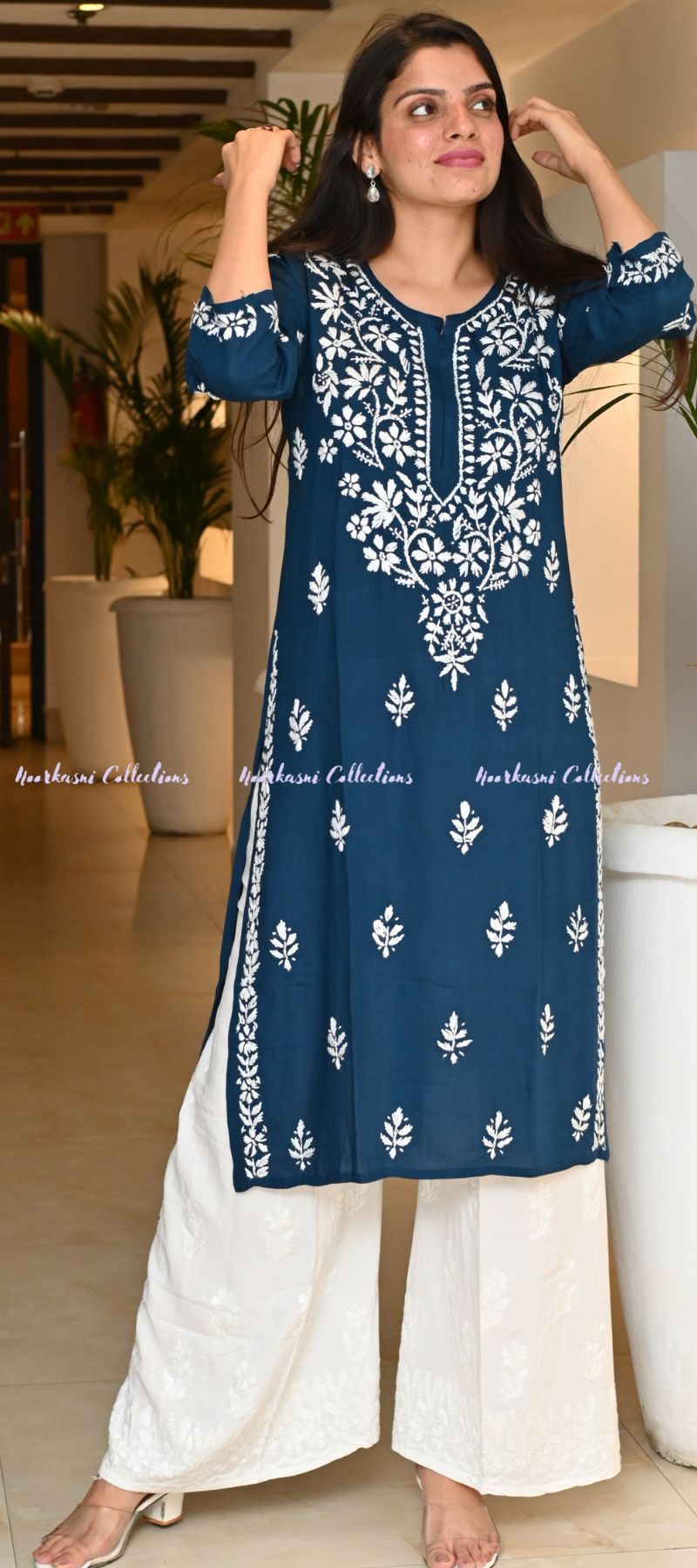 Noorkasni Collections_Rayon_Blue_Chikankari_Kurti