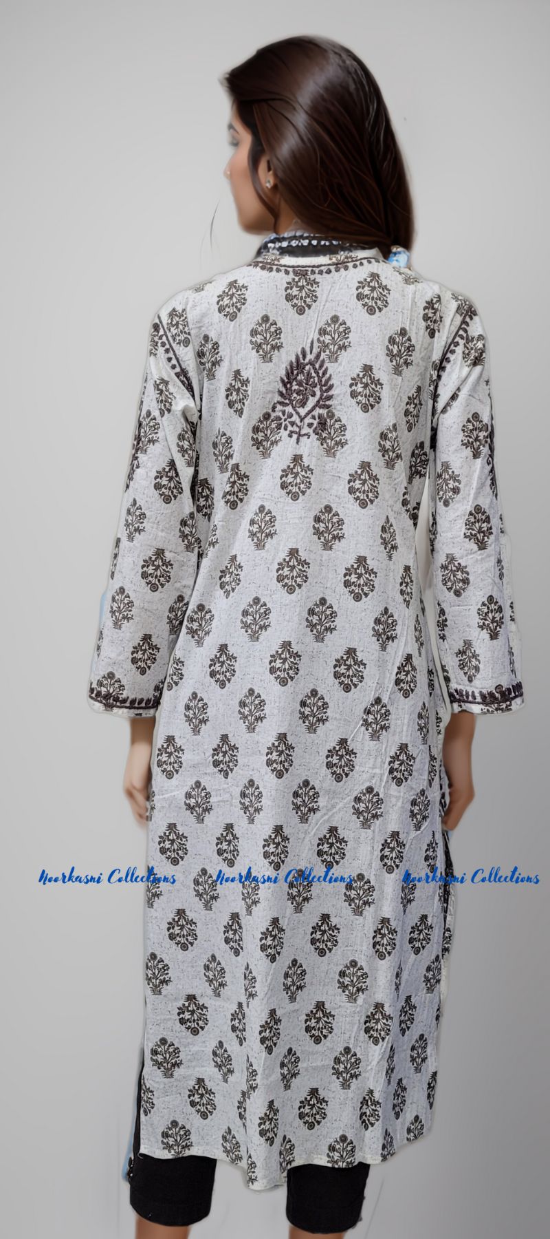 Chikankari Kurti with Embroidery Detail on Printed Cotton