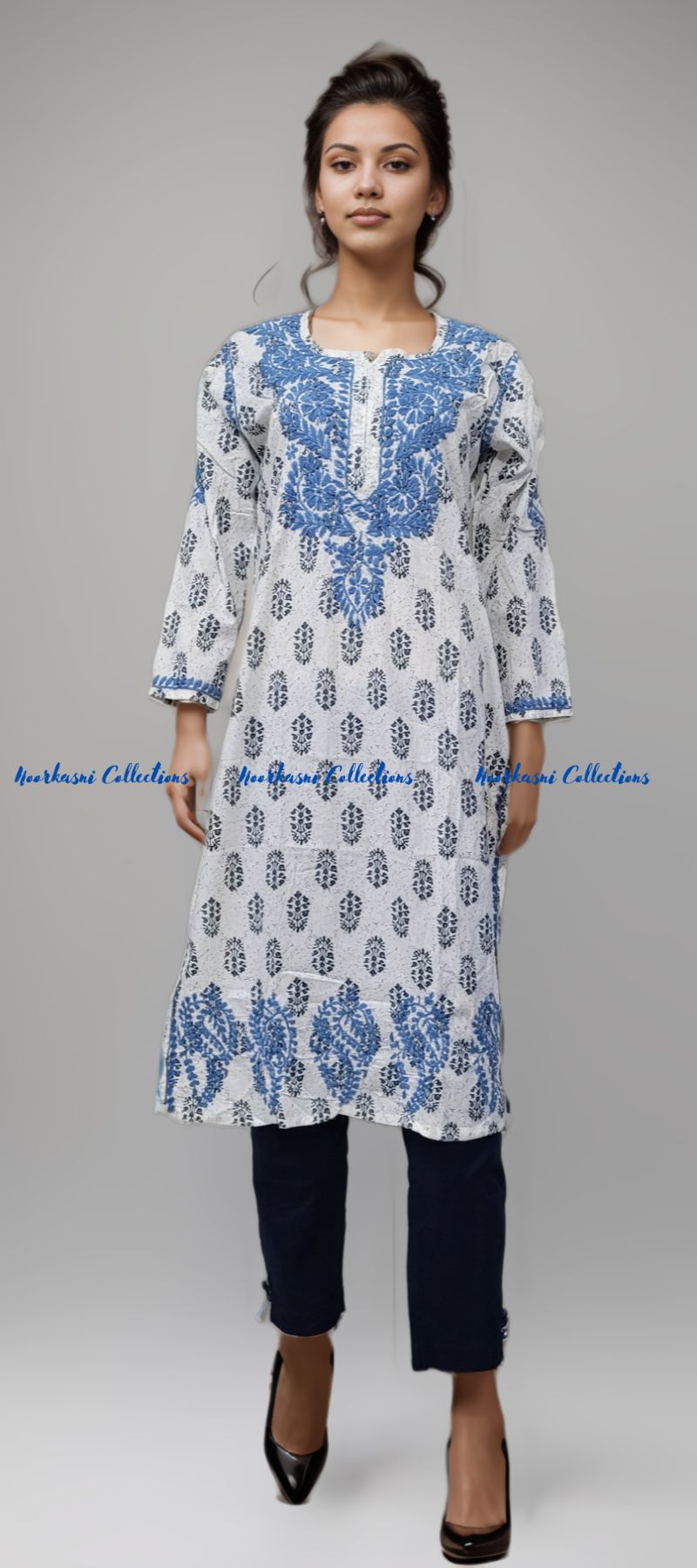 Chikankari Kurti with Embroidery Detail on Printed Cotton