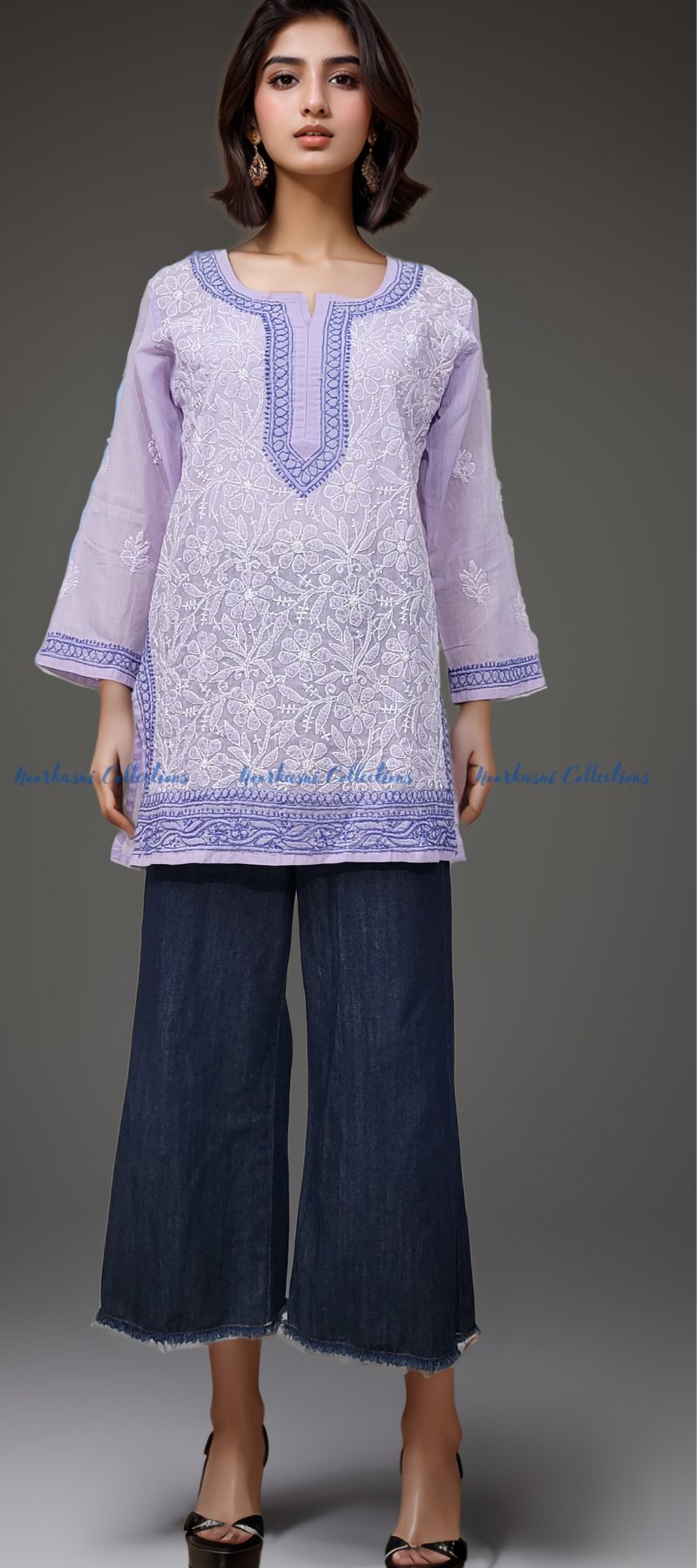 Chikankari Embroidered Kurti, Short Length, Front Panel Jaal Work