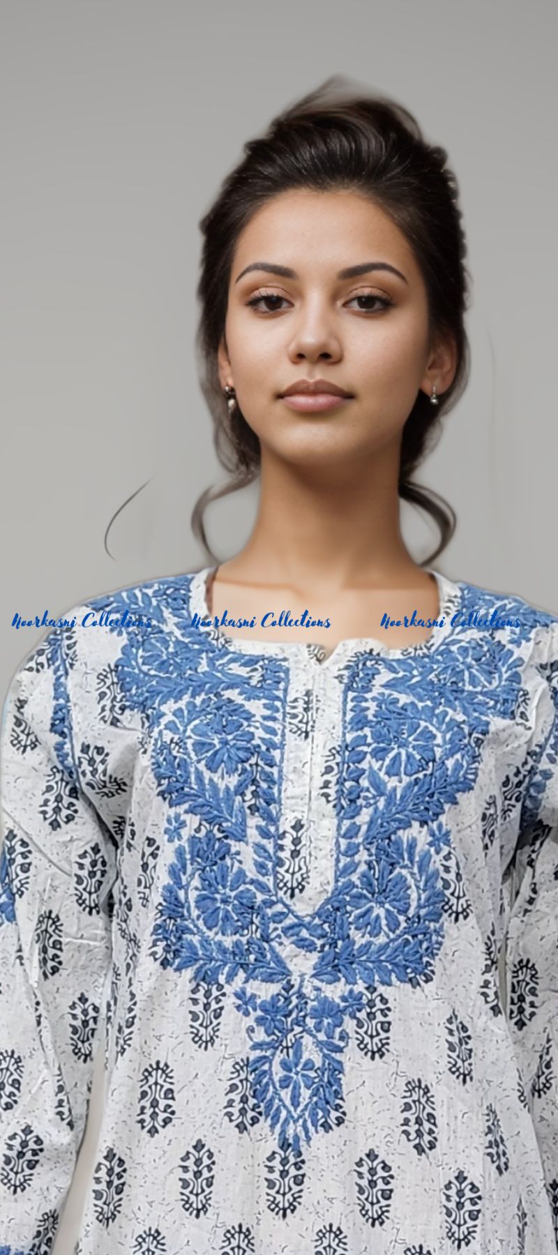 Chikankari Kurti with Embroidery Detail on Printed Cotton