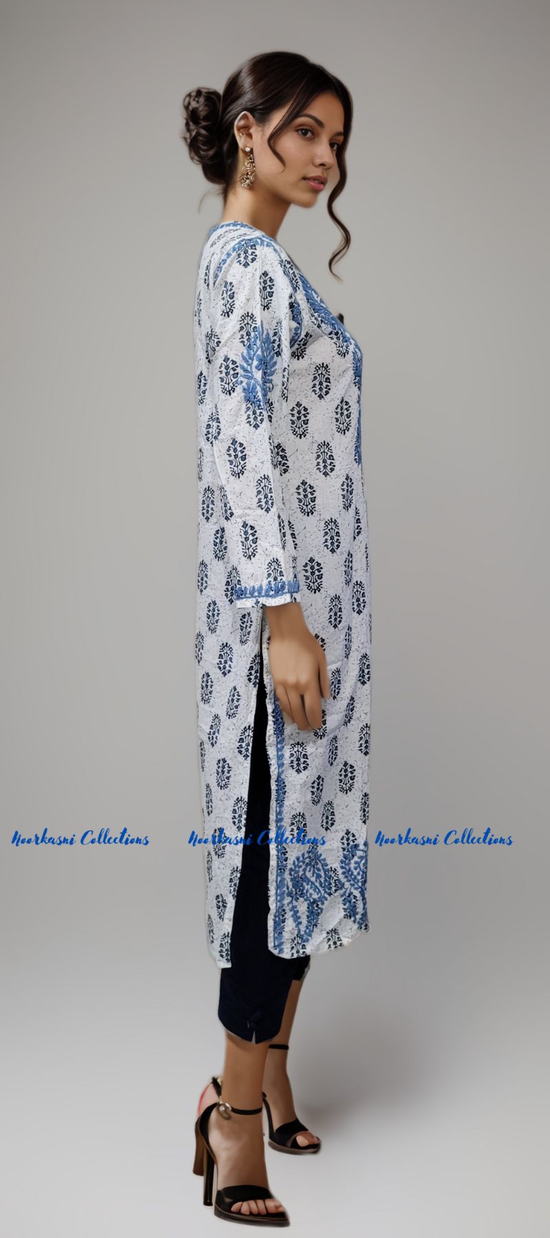 Chikankari Kurti with Embroidery Detail on Printed Cotton