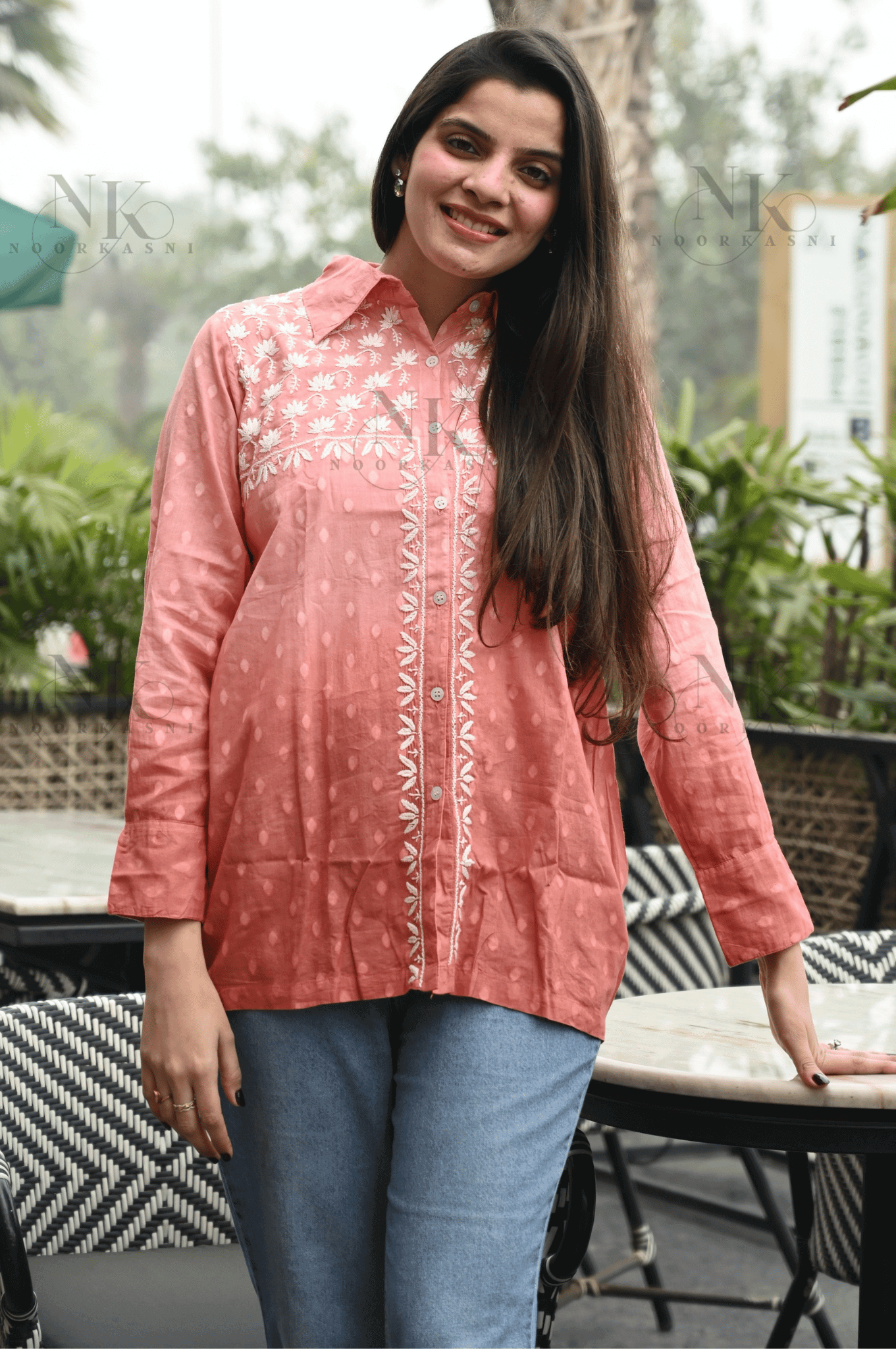 Noorkasni Dobby Cotton Shirt with Ombre pattern with Hand Embroidery - NoorKasni Collections