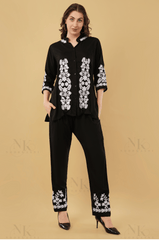 Noorkasni Black Rayon Co-ord Set, Aari Work White Chikankari Embroidered Top and Pants - NoorKasni Collections