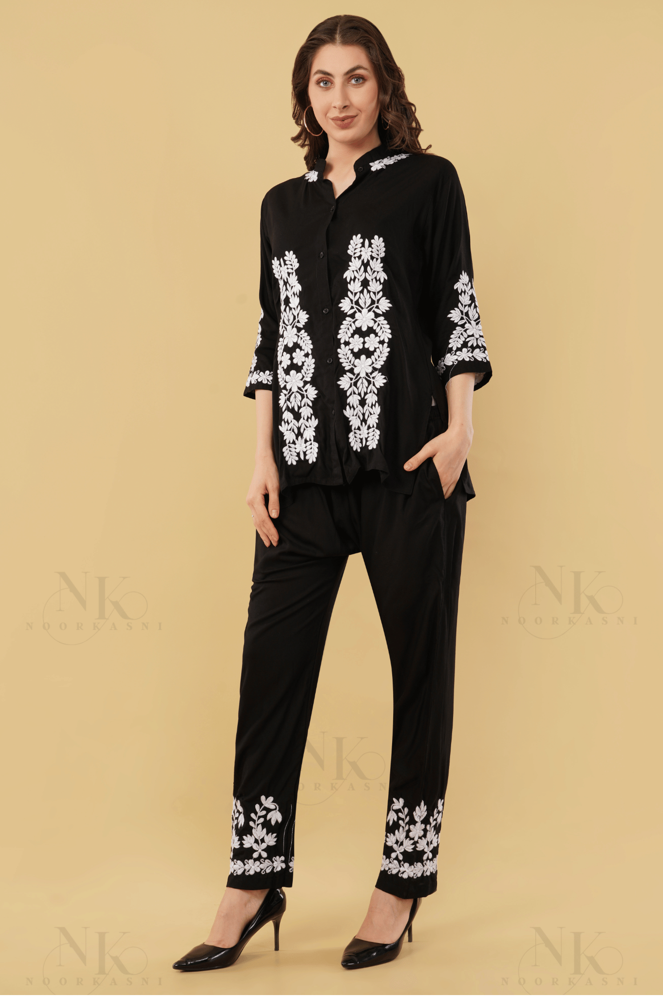 Noorkasni Black Rayon Co-ord Set, Aari Work White Chikankari Embroidered Top and Pants - NoorKasni Collections