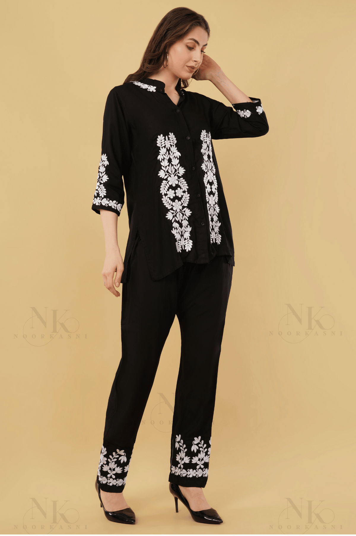 Noorkasni Black Rayon Co-ord Set, Aari Work White Chikankari Embroidered Top and Pants - NoorKasni Collections