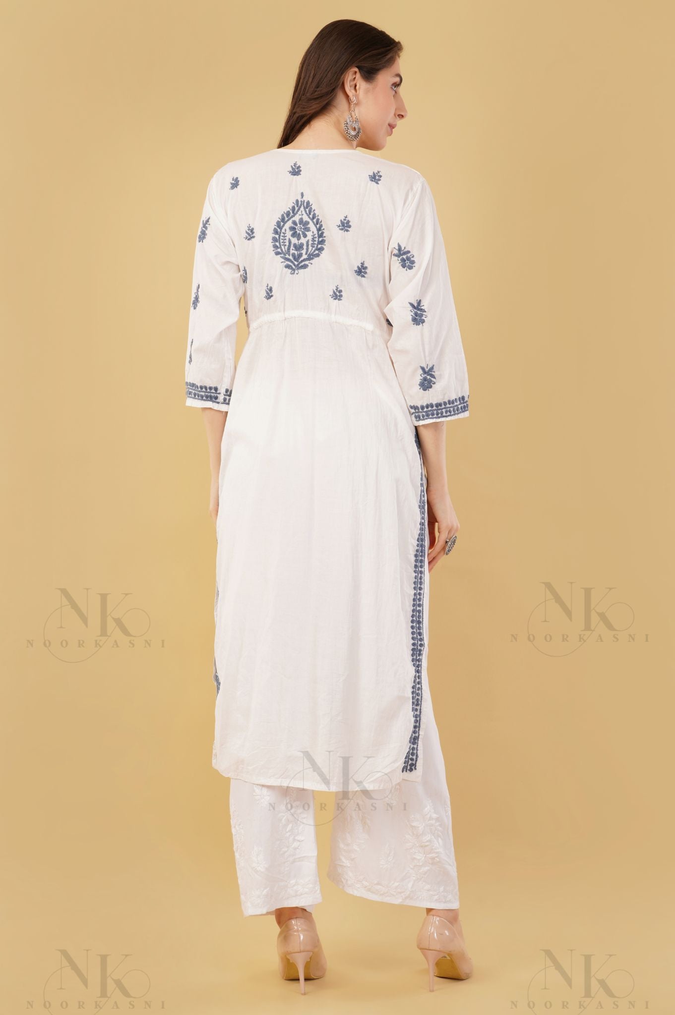 Noorkasni Hand Embroidered Cotton Mulmul Nyra Cut, Color thread chikankari