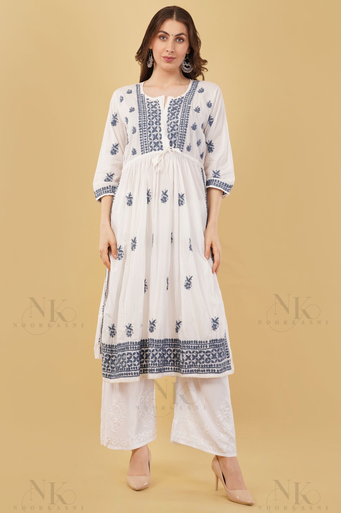 Noorkasni Hand Embroidered Cotton Mulmul Nyra Cut, Color thread chikankari