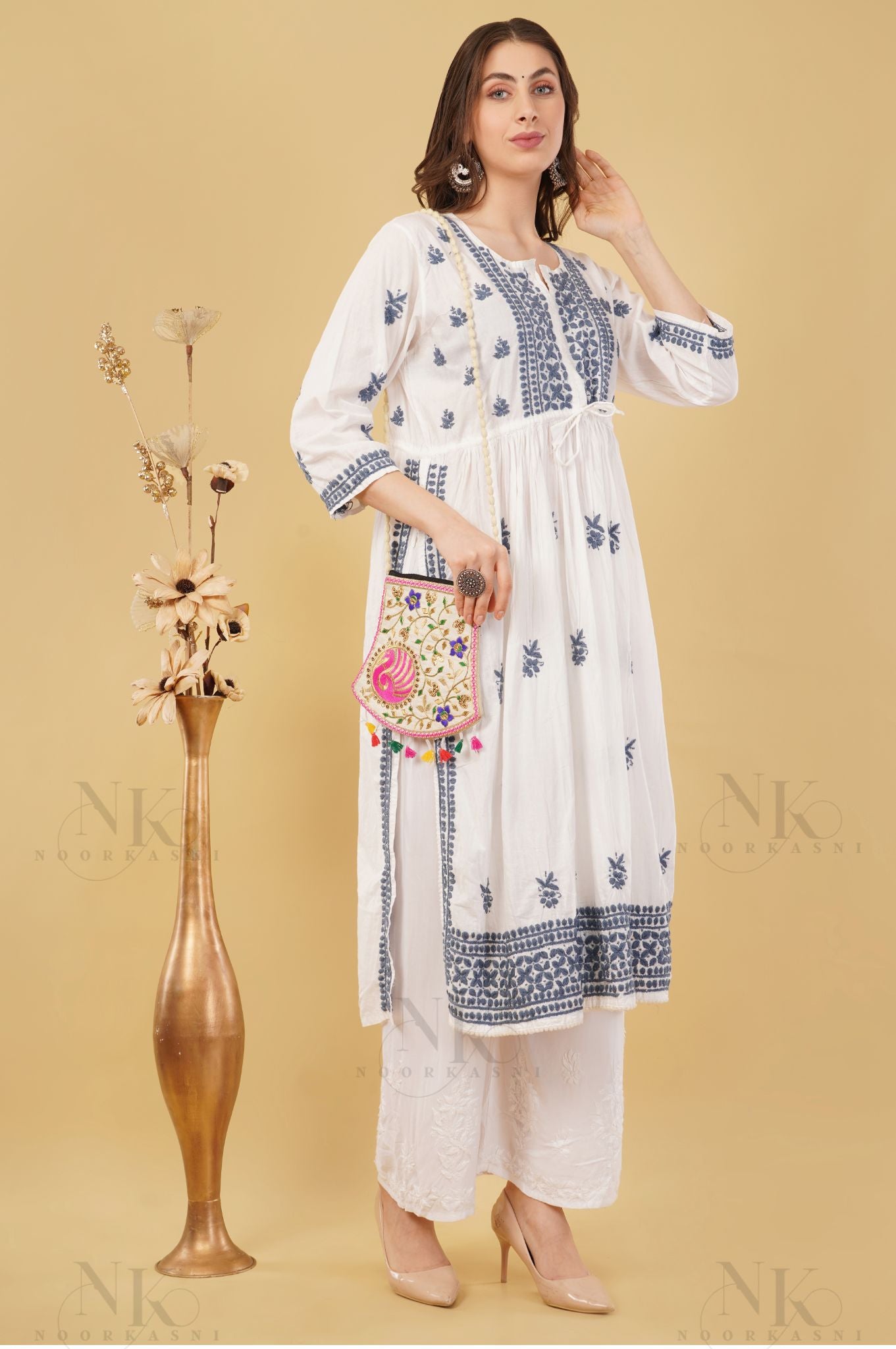 Noorkasni Hand Embroidered Cotton Mulmul Nyra Cut, Color thread chikankari