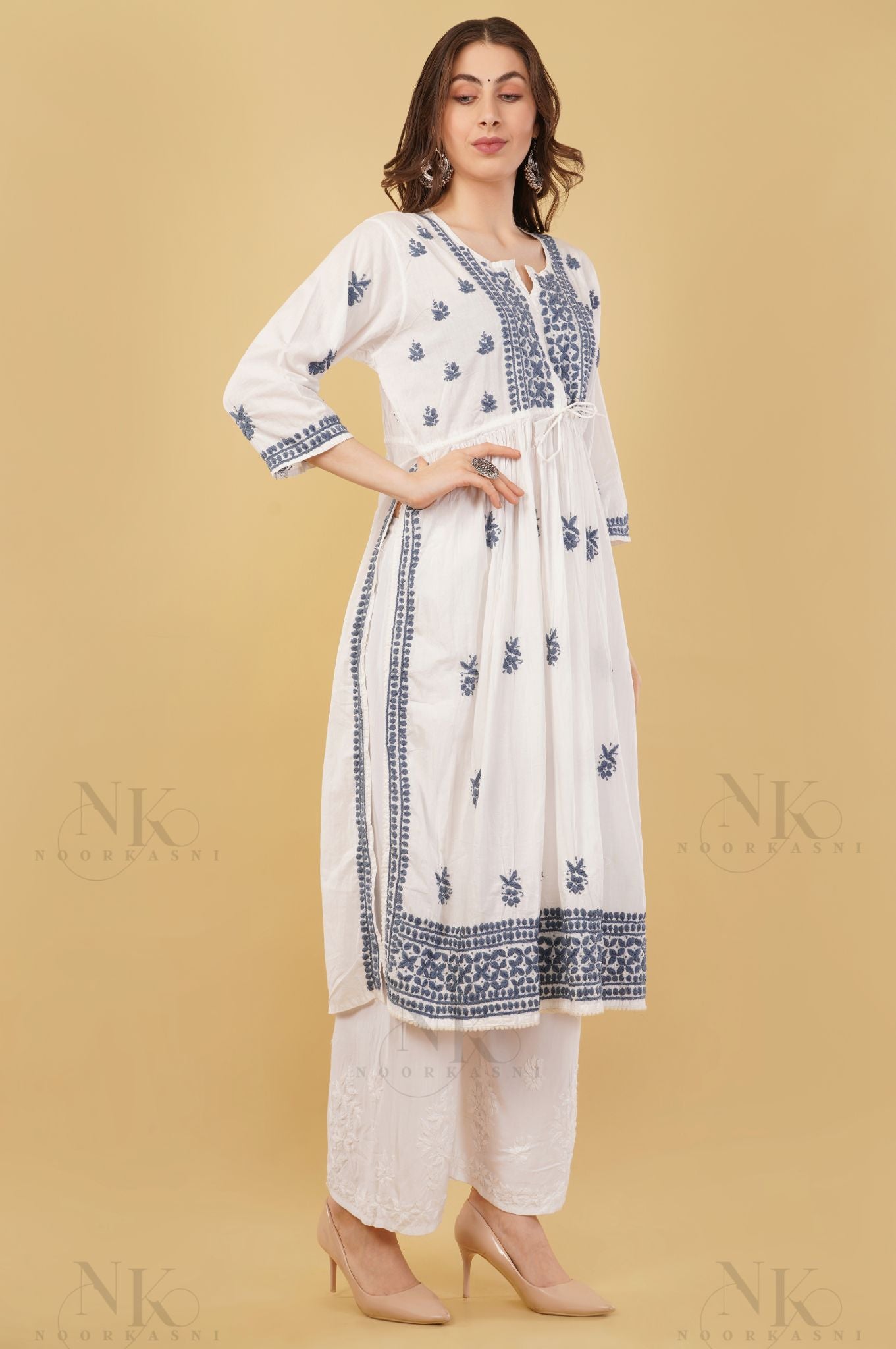 Noorkasni Hand Embroidered Cotton Mulmul Nyra Cut, Color thread chikankari