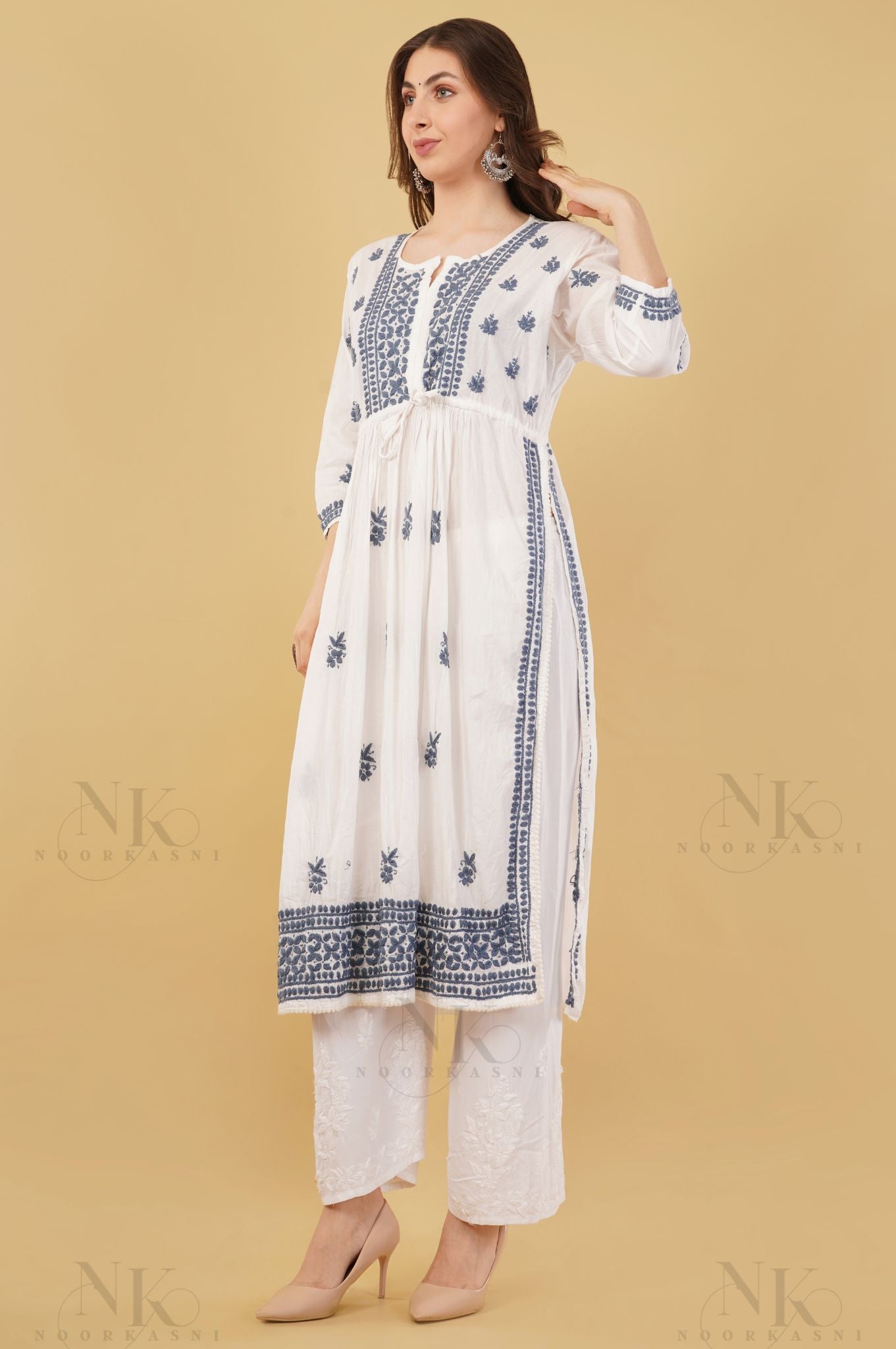 Noorkasni Hand Embroidered Cotton Mulmul Nyra Cut, Color thread chikankari