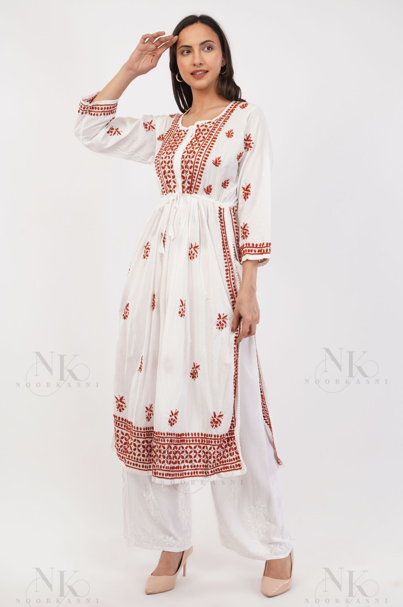 Noorkasni Hand Embroidered Cotton Mulmul Nyra Cut, Color thread chikankari