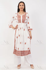 Noorkasni Hand Embroidered Cotton Mulmul Nyra Cut, Color thread chikankari