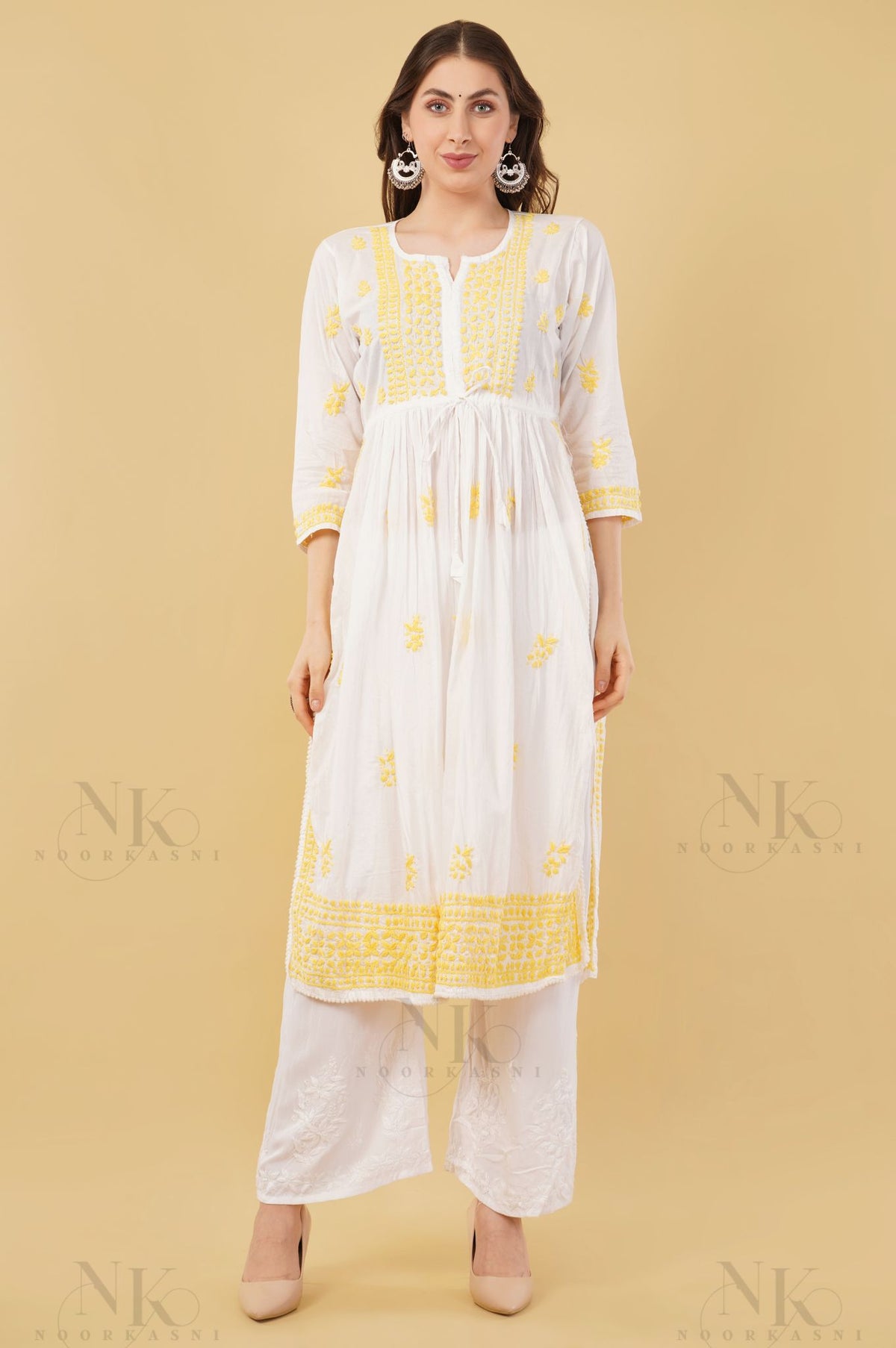 Noorkasni Hand Embroidered Cotton Mulmul Nyra Cut, Color thread chikankari