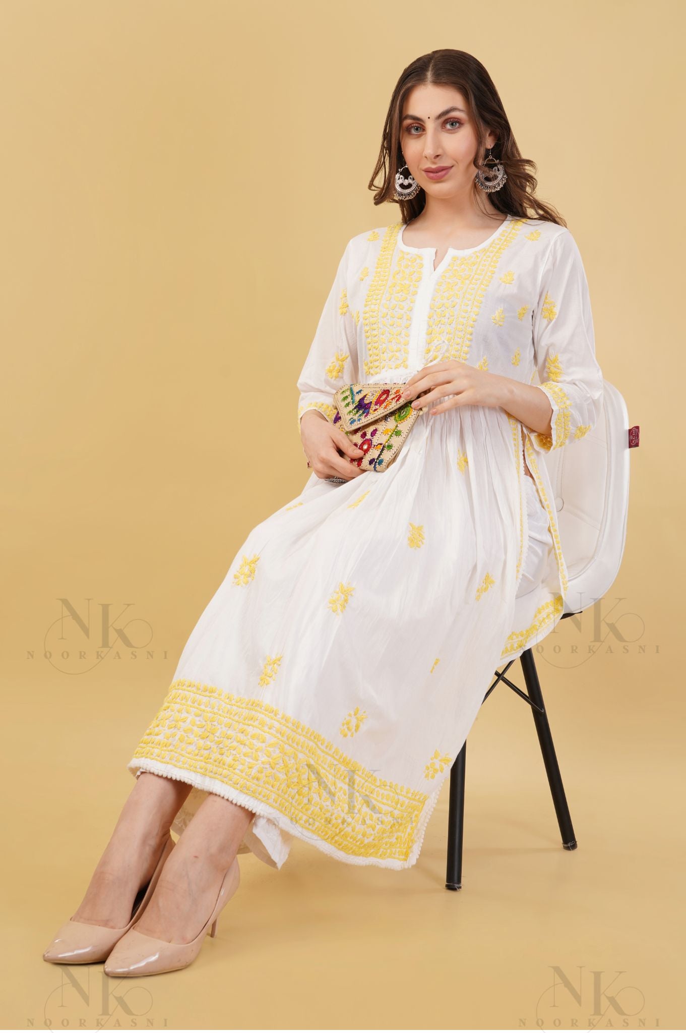 Noorkasni Hand Embroidered Cotton Mulmul Nyra Cut, Color thread chikankari