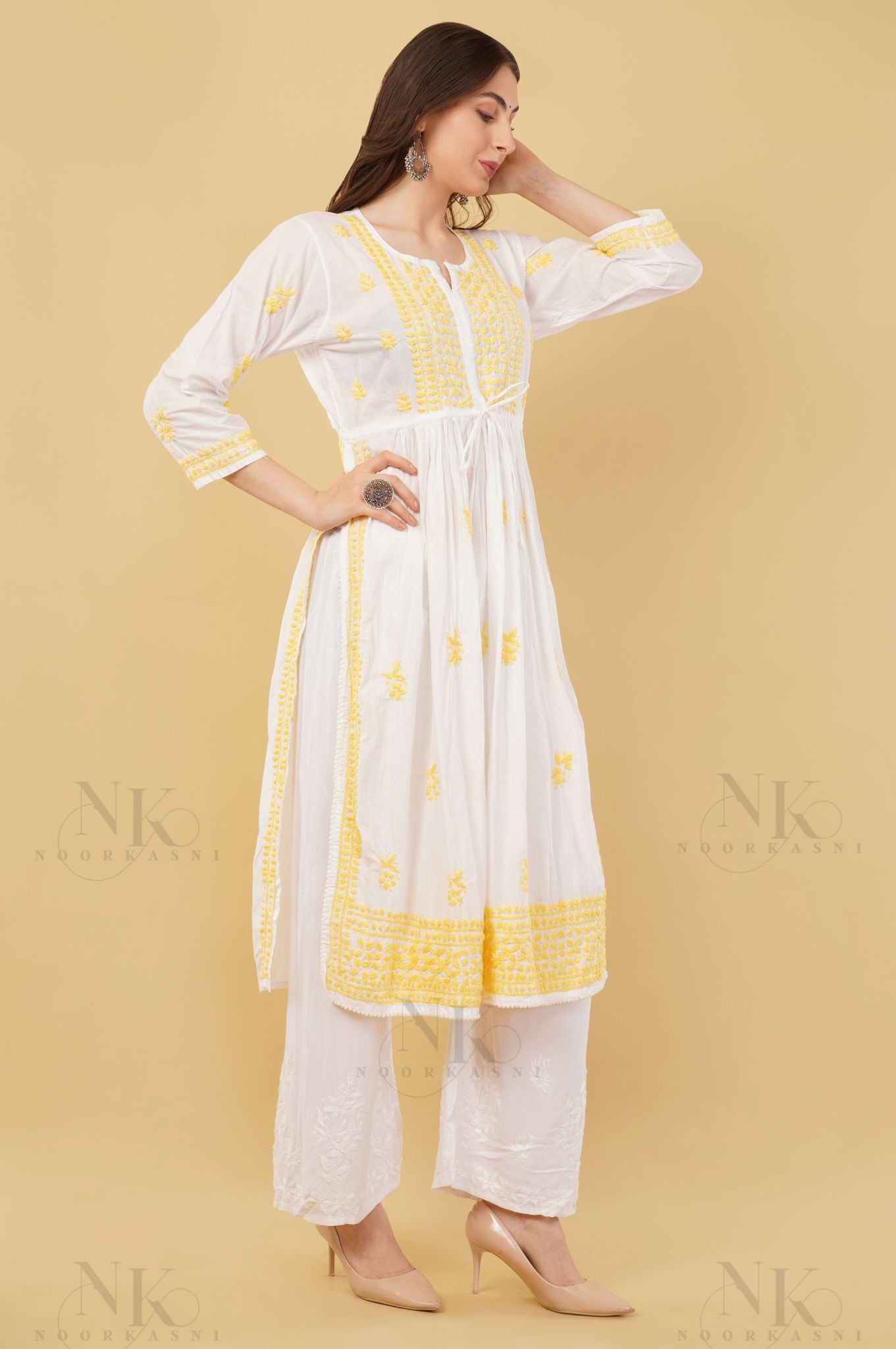 Noorkasni Hand Embroidered Cotton Mulmul Nyra Cut, Color thread chikankari