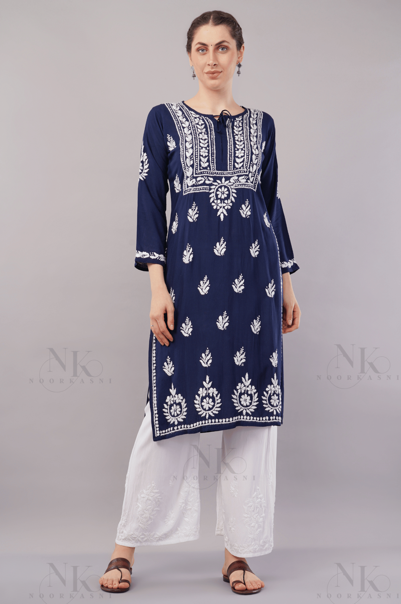 NoorKasni Hand Embroidered Rayon Lucknowi Chikankari Straight Kurta - NoorKasni Collections