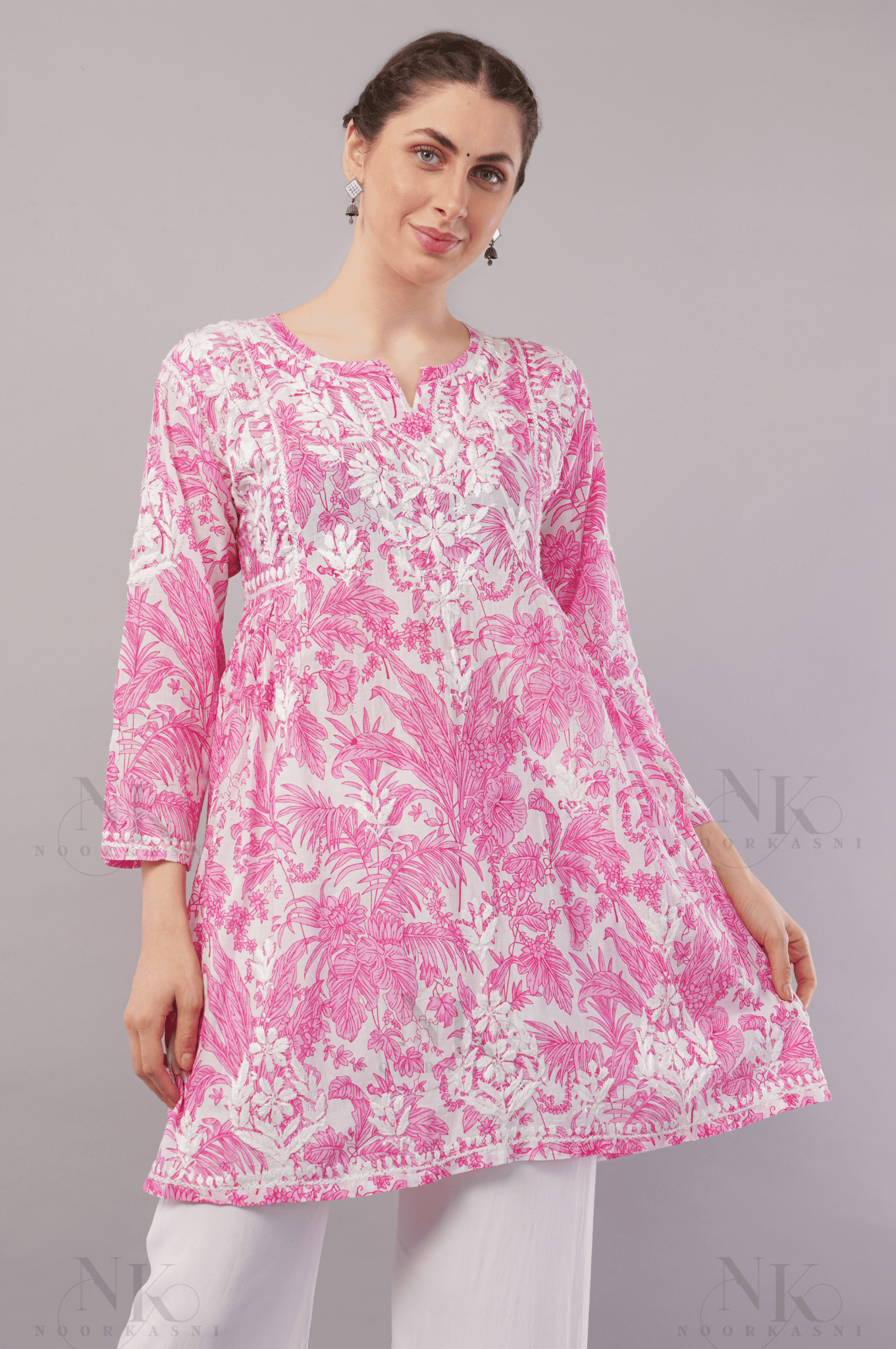 Noorkasni Hand Embroidered Frock style short pure cotton Kurti - NoorKasni Collections