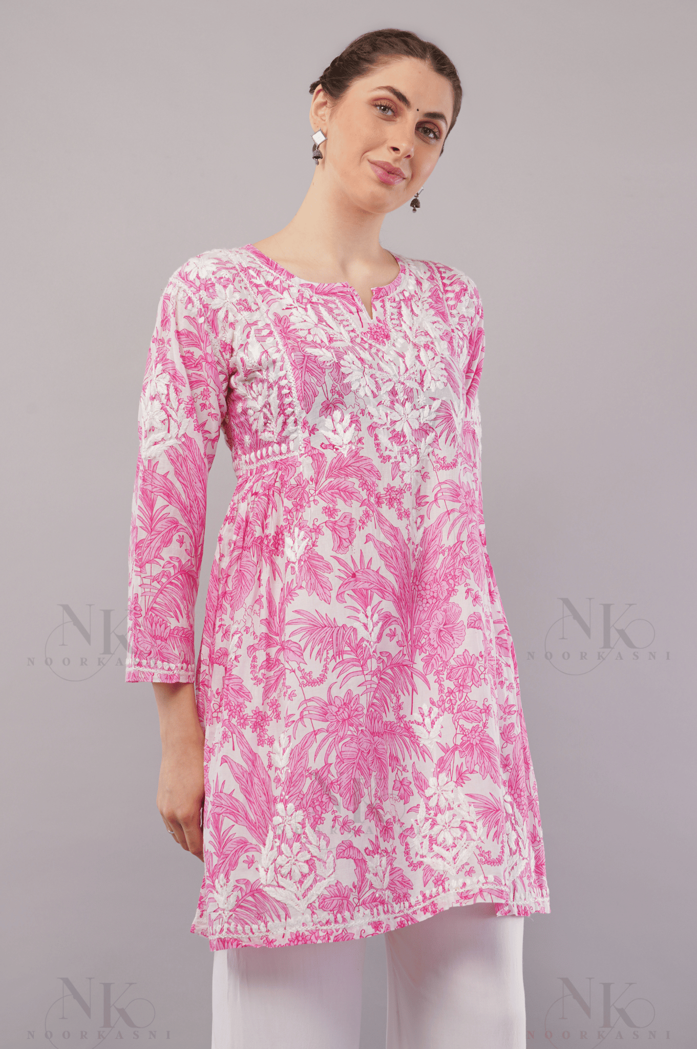 Noorkasni Hand Embroidered Frock style short pure cotton Kurti - NoorKasni Collections