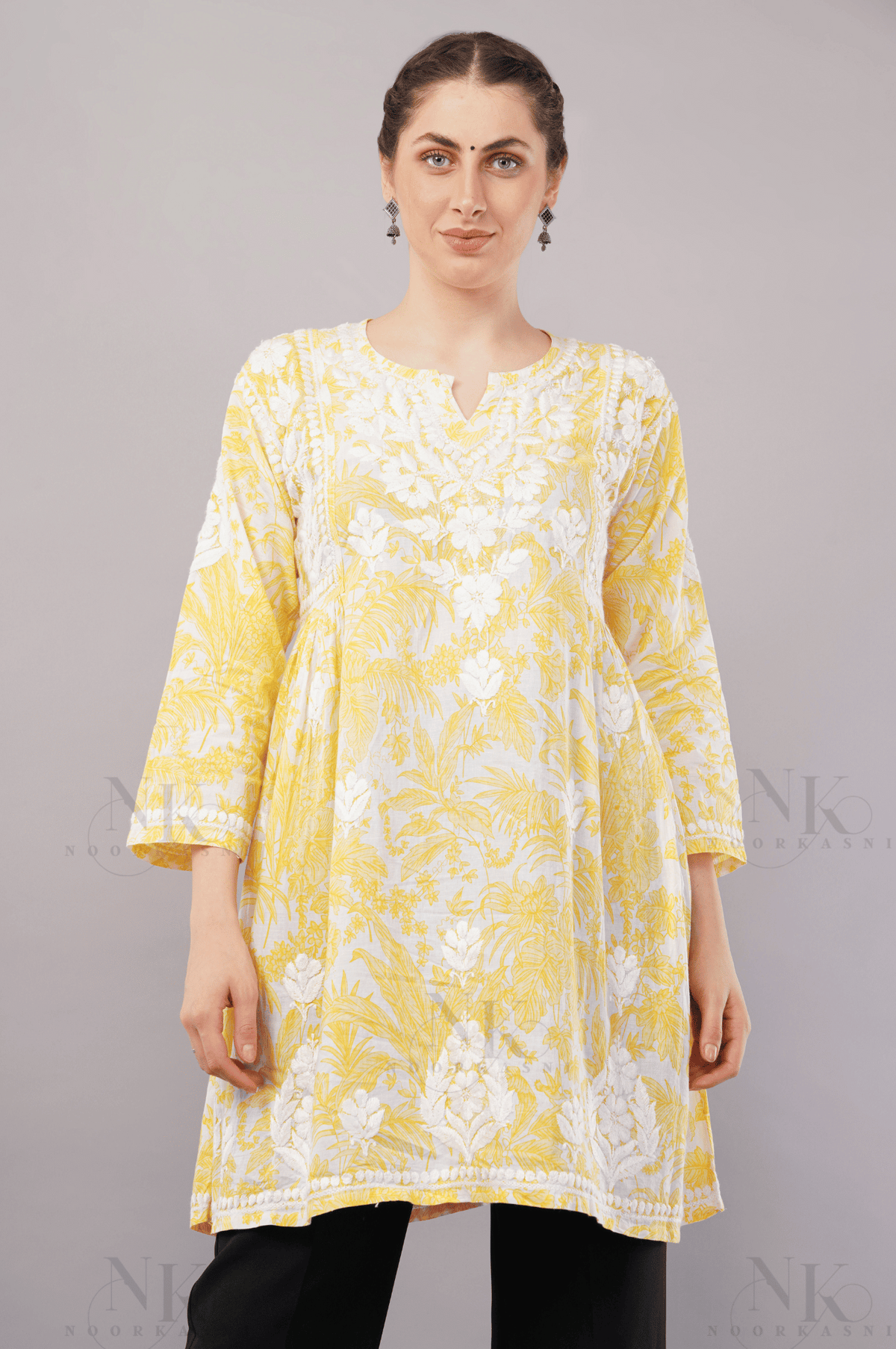 Noorkasni Hand Embroidered Frock style short pure cotton Kurti - NoorKasni Collections