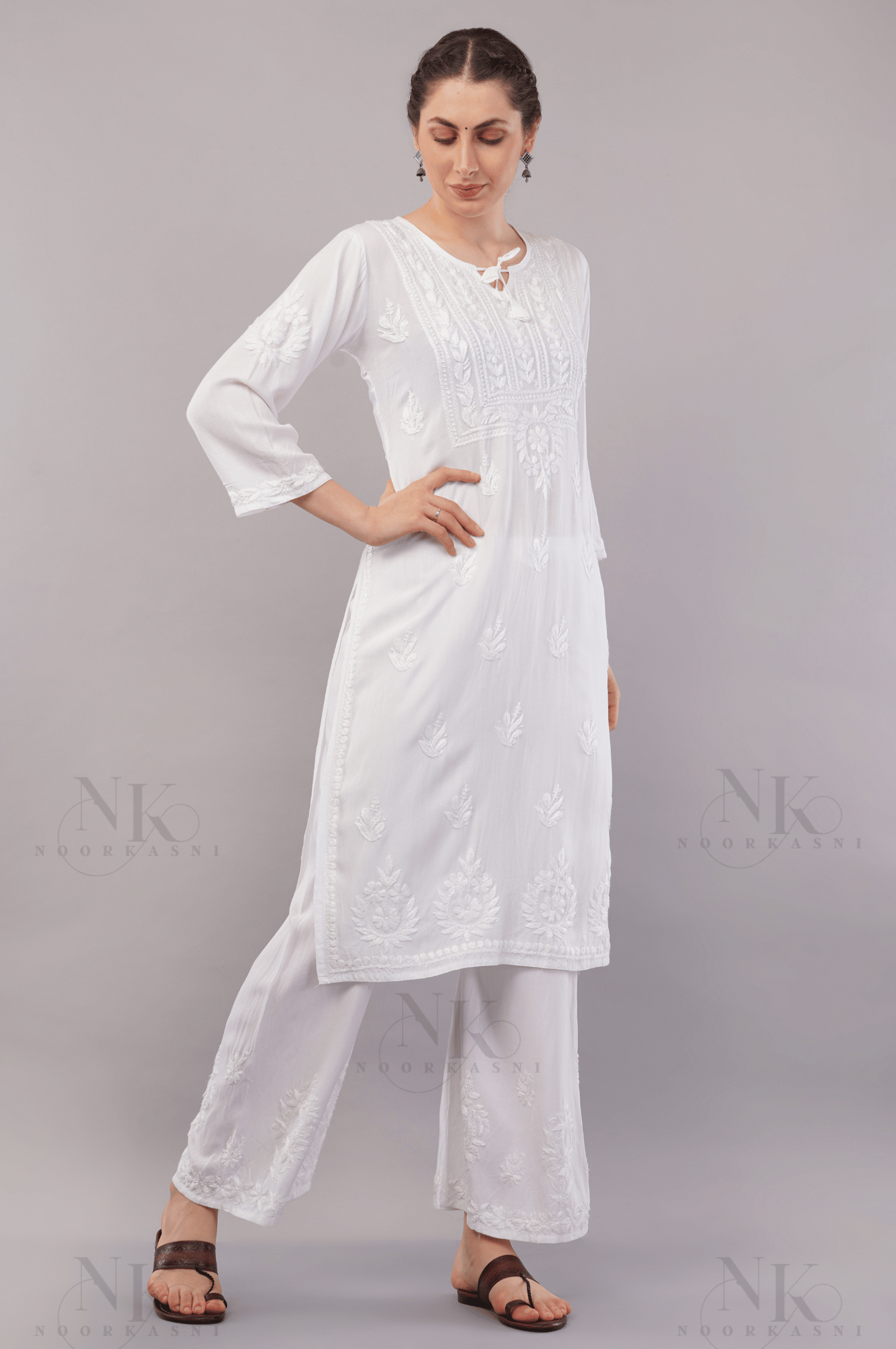 NoorKasni Hand Embroidered Rayon Lucknowi Chikankari Straight Kurta - NoorKasni Collections