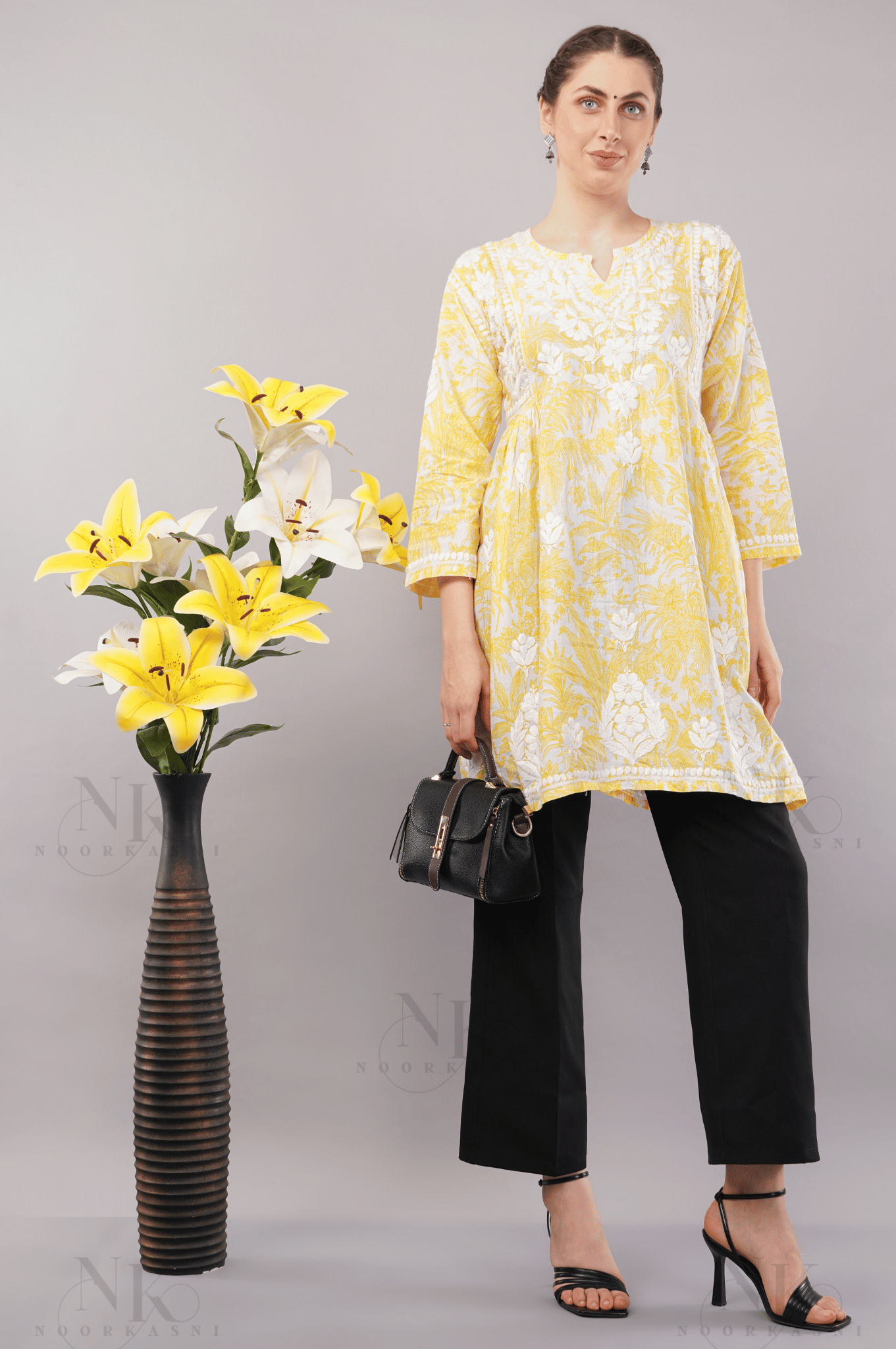 Noorkasni Hand Embroidered Frock style short pure cotton Kurti - NoorKasni Collections