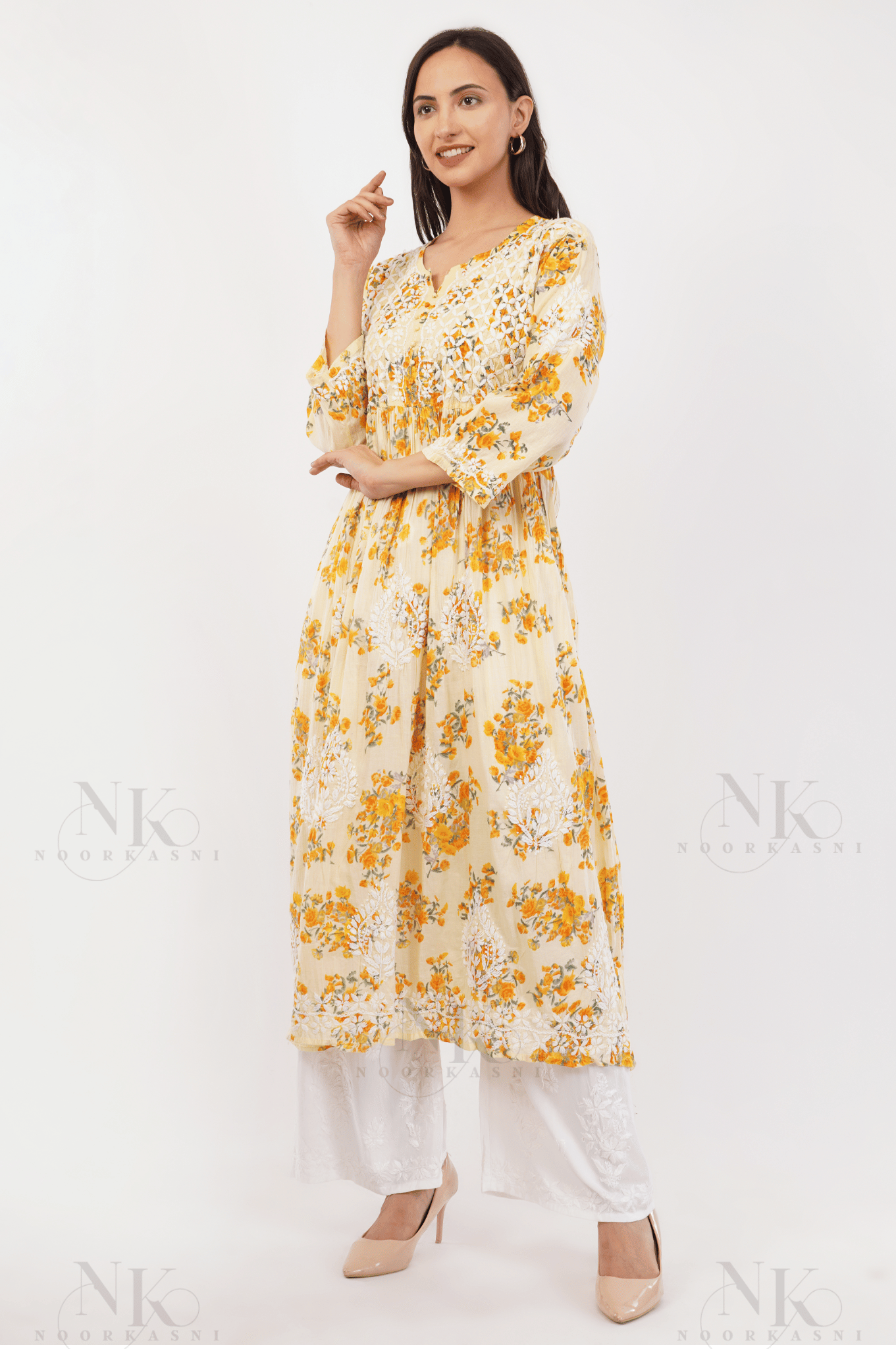 Noorkasni Hand Embroidered Aline printed cotton mulmul Kurti - NoorKasni Collections