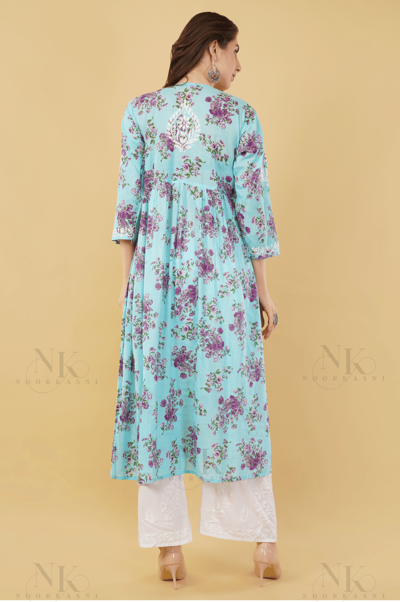 Noorkasni Hand Embroidered Aline printed cotton mulmul Kurti - NoorKasni Collections