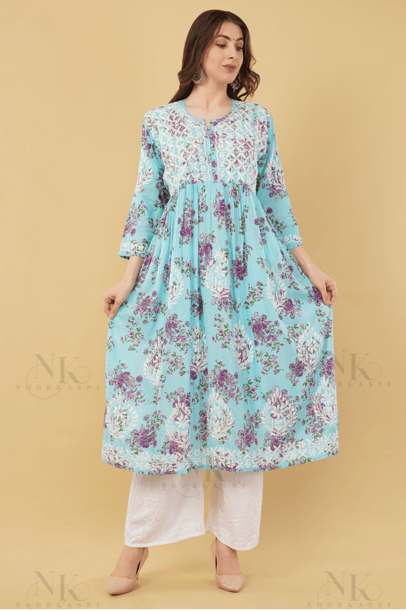 Noorkasni Hand Embroidered Aline printed cotton mulmul Kurti - NoorKasni Collections