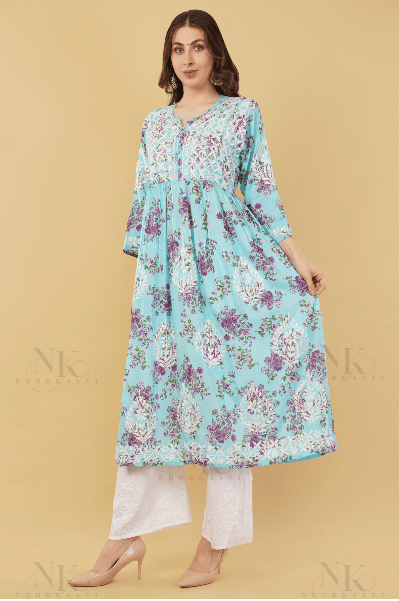 Noorkasni Hand Embroidered Aline printed cotton mulmul Kurti - NoorKasni Collections