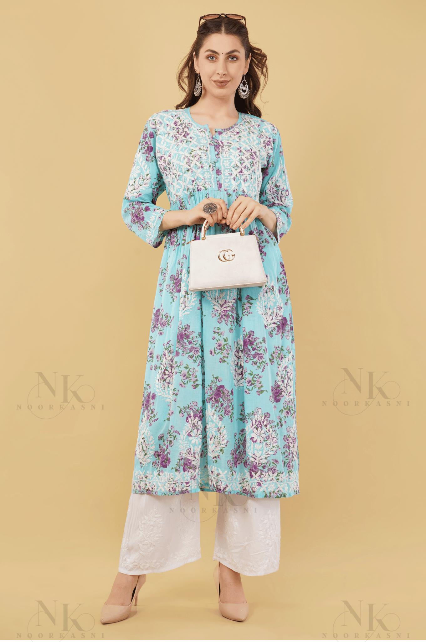 Noorkasni Hand Embroidered Aline printed cotton mulmul Kurti - NoorKasni Collections