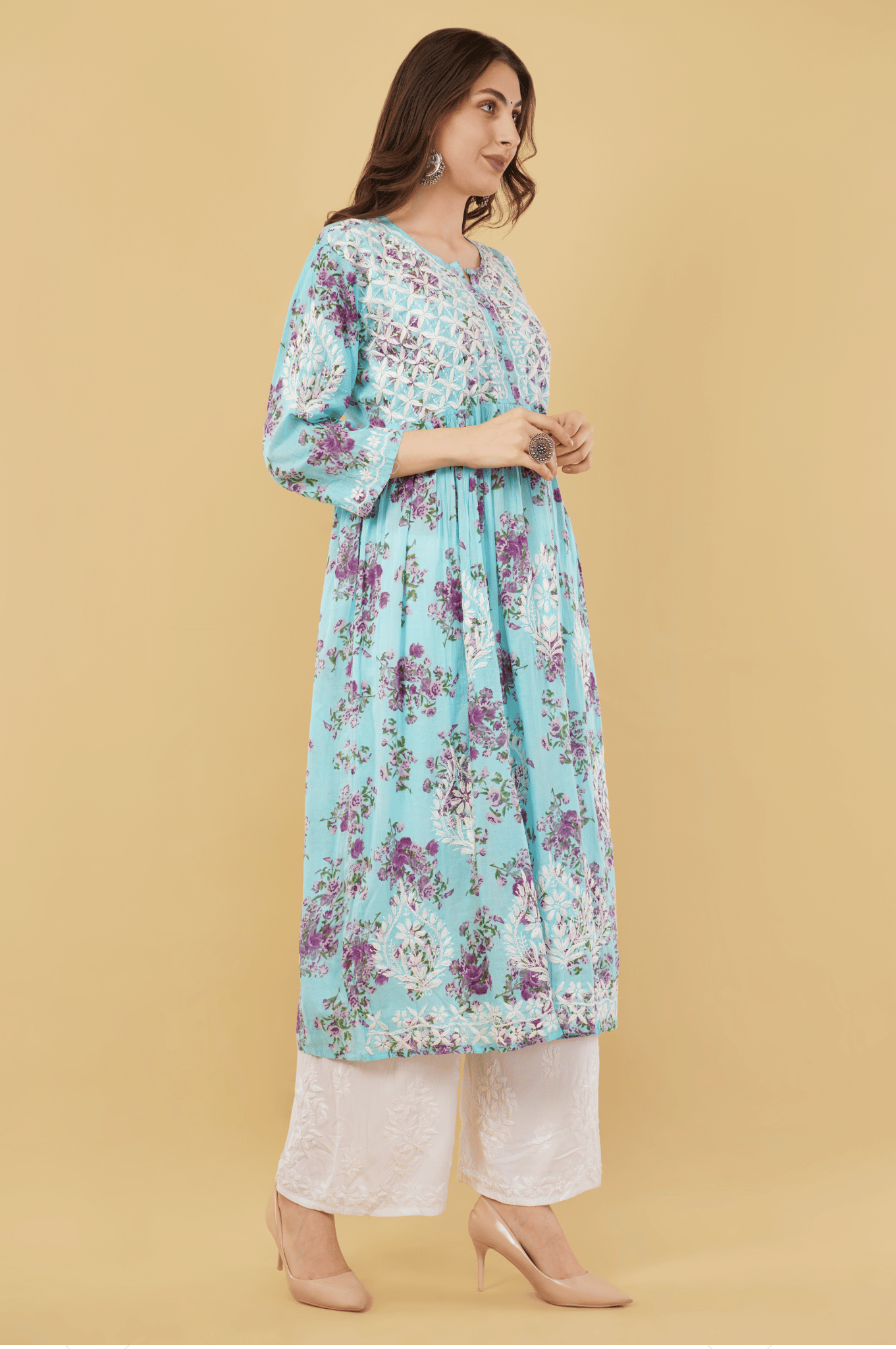 Noorkasni Hand Embroidered Aline printed cotton mulmul Kurti - NoorKasni Collections