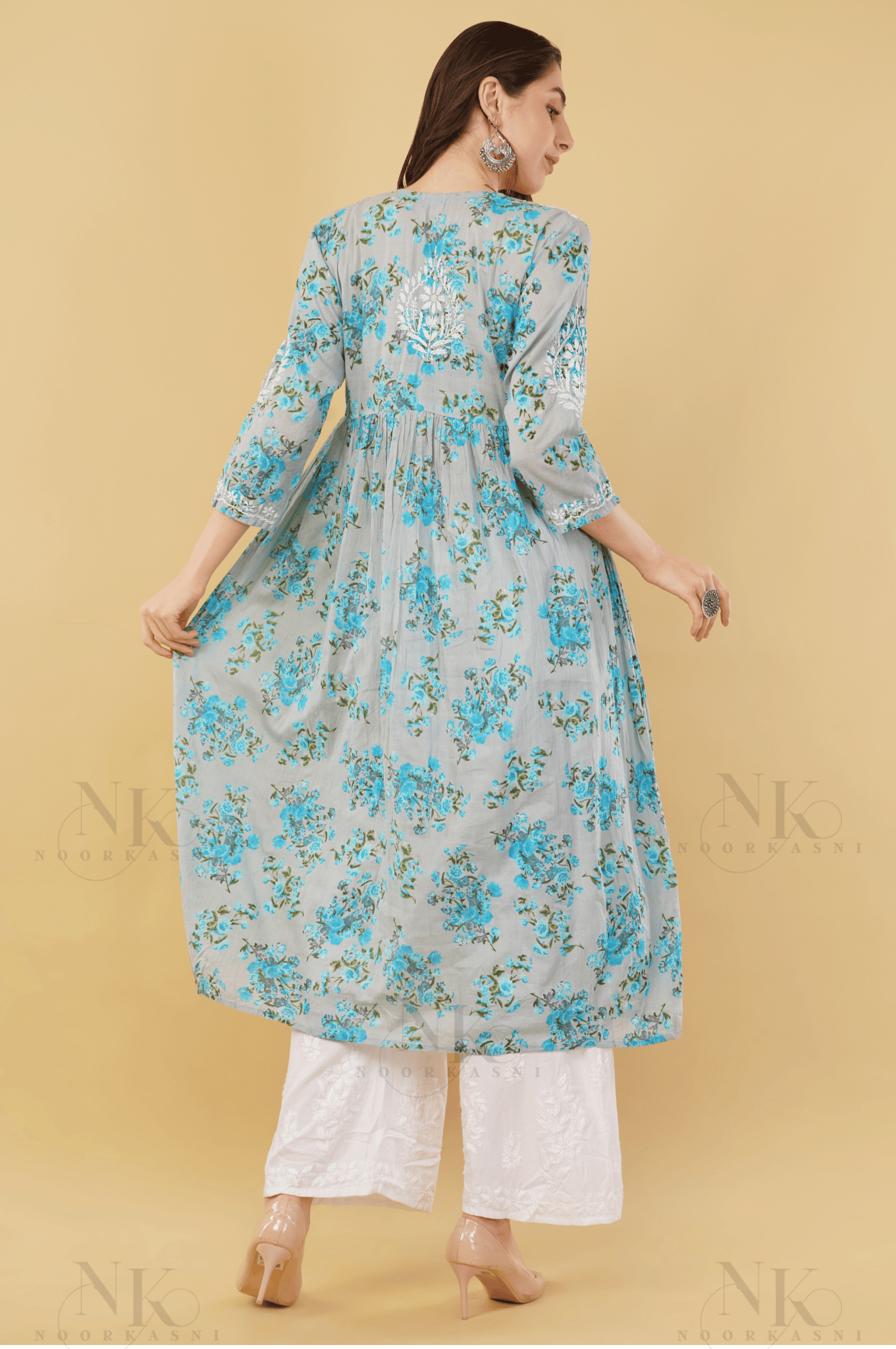 Noorkasni Hand Embroidered Aline printed cotton mulmul Kurti - NoorKasni Collections